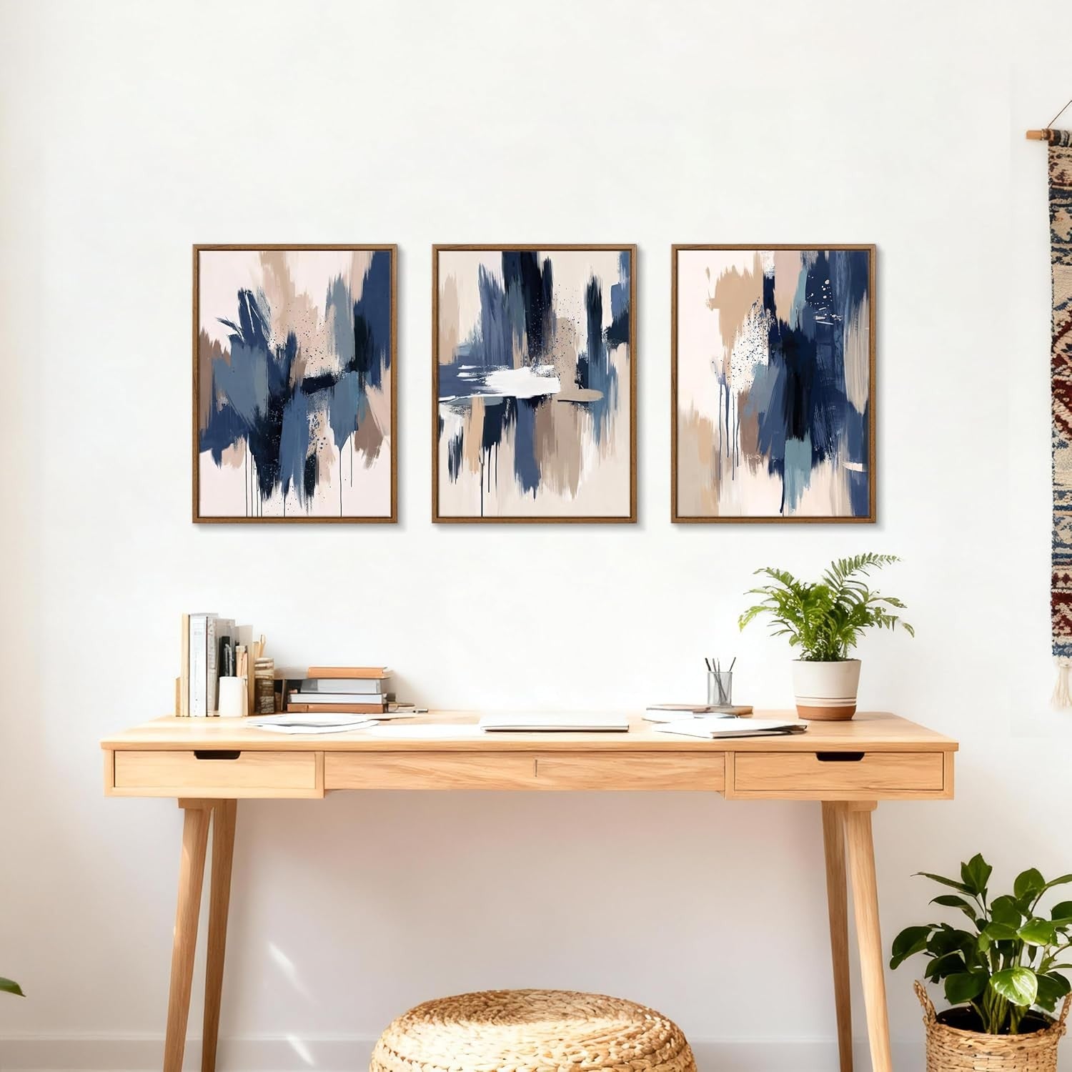 3 Piece Abstract Framed Canvas Wall Art Set Beige Blue 30x40cm