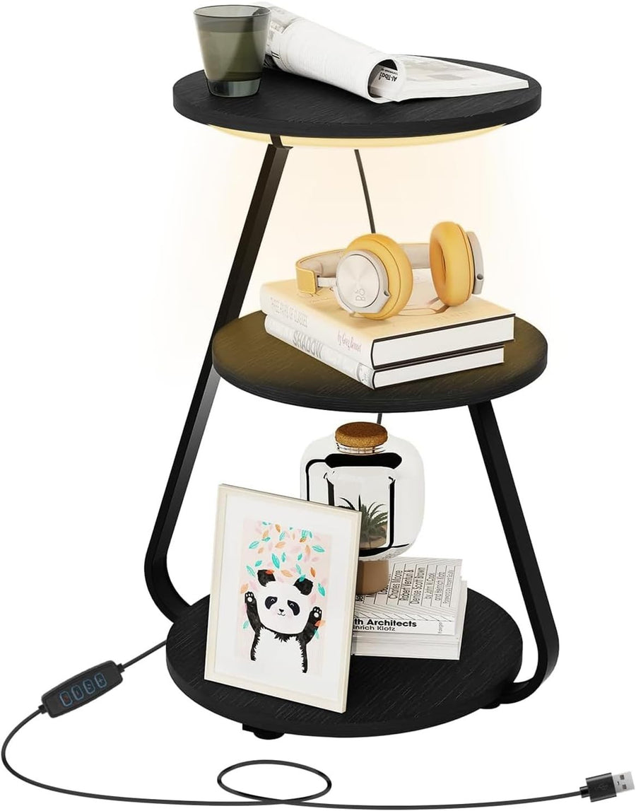 LED Round Side Table with Storage – 3 Tier Bedside Coffee Table Black