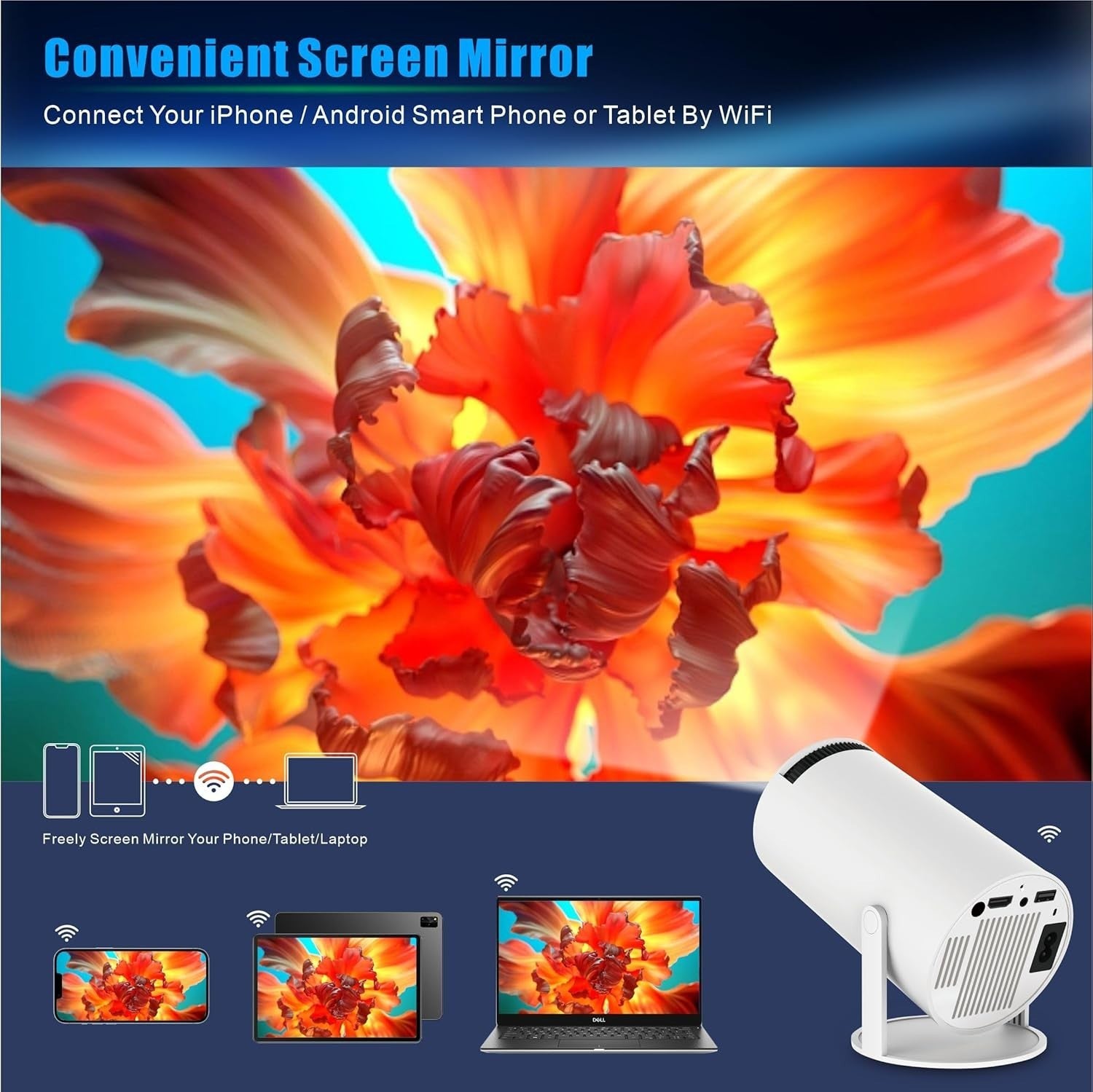 Mini Smart Projector 4K Android WiFi 6 Bluetooth 180° 130”