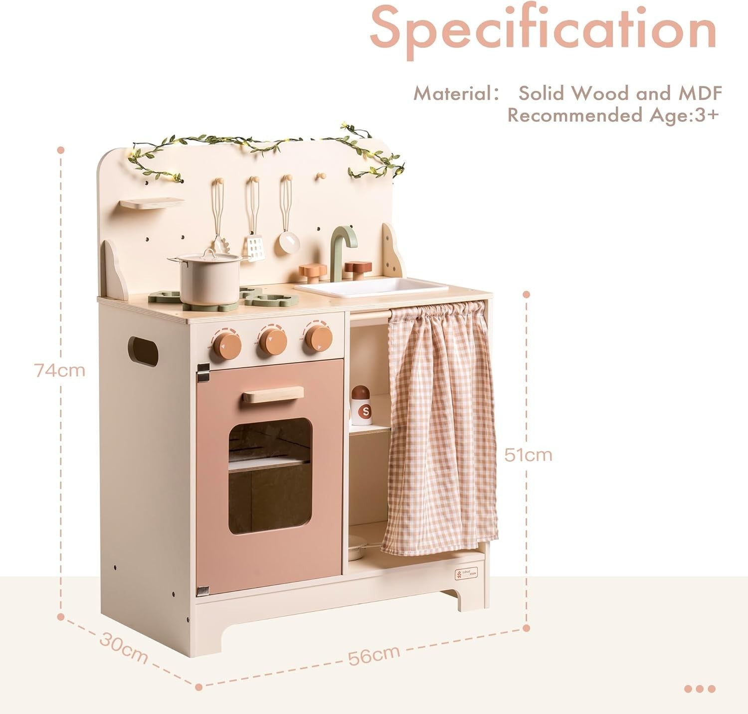 Wooden Kids Play Kitchen Set w/ Apron Oven Sink Rustic Pink Toy