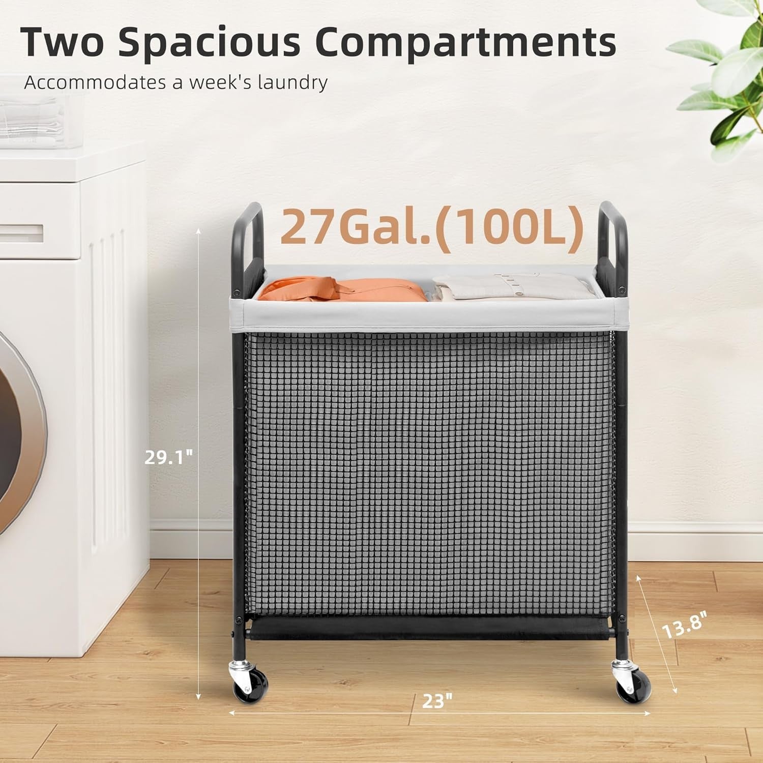 100L Rolling Laundry Hamper 2-Section | Removable Bags | Wheeled Laundry Cart Gr