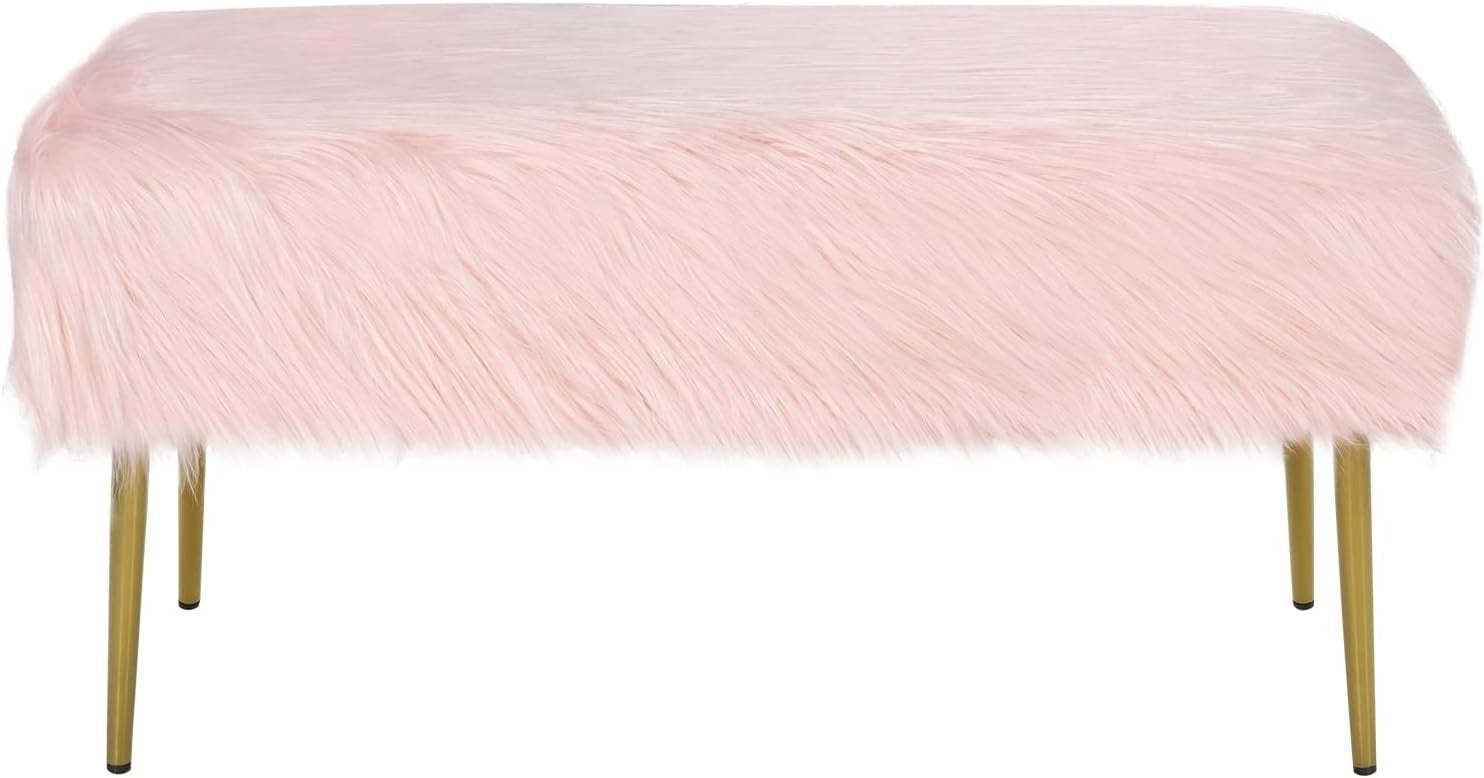 Faux Fur Ottoman Bench with Gold Legs, Plush Vanity Seat Stool Pink