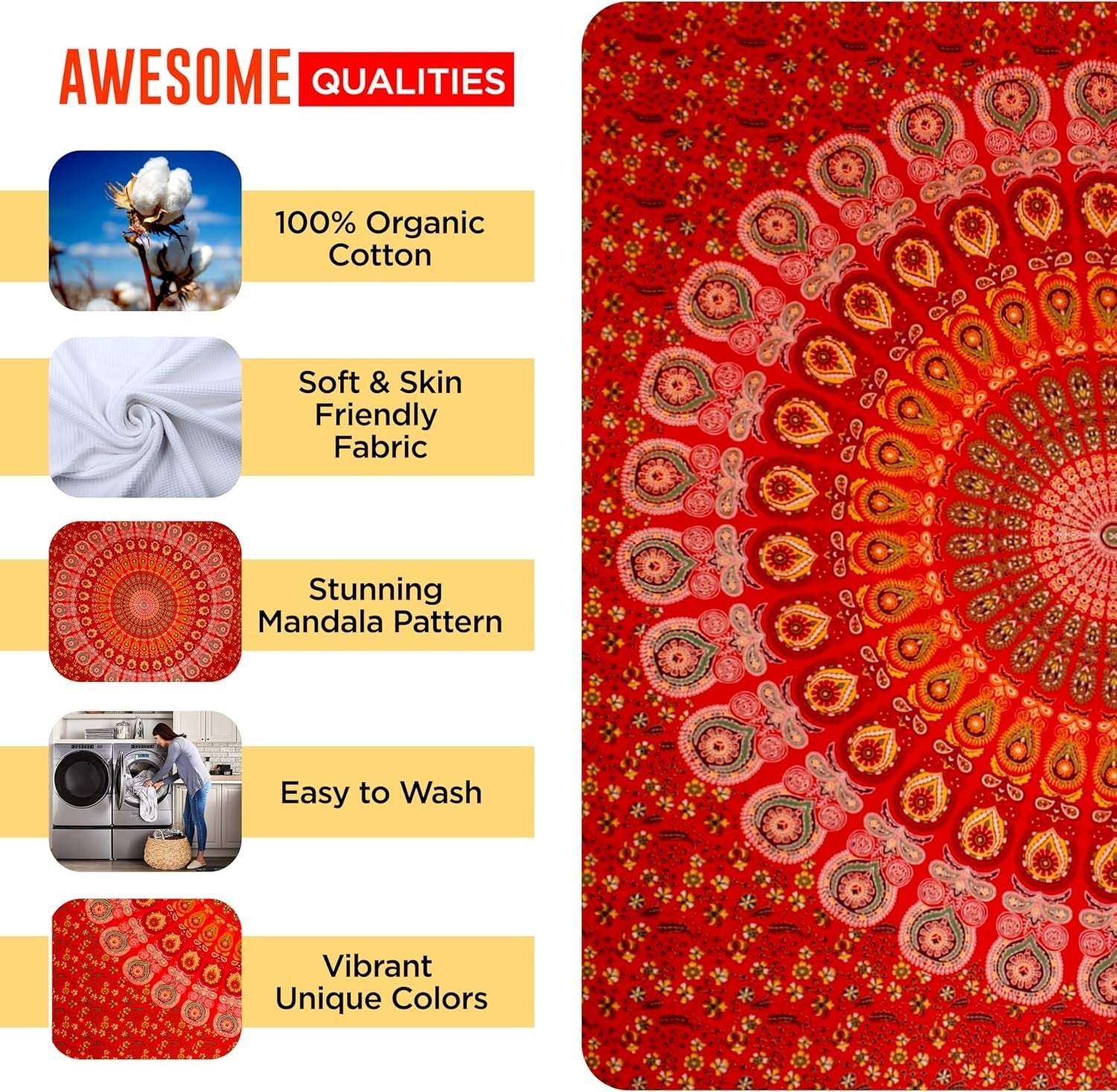 Red Mandala Tapestry 140x210cm Boho Wall Hanging Cotton Decor