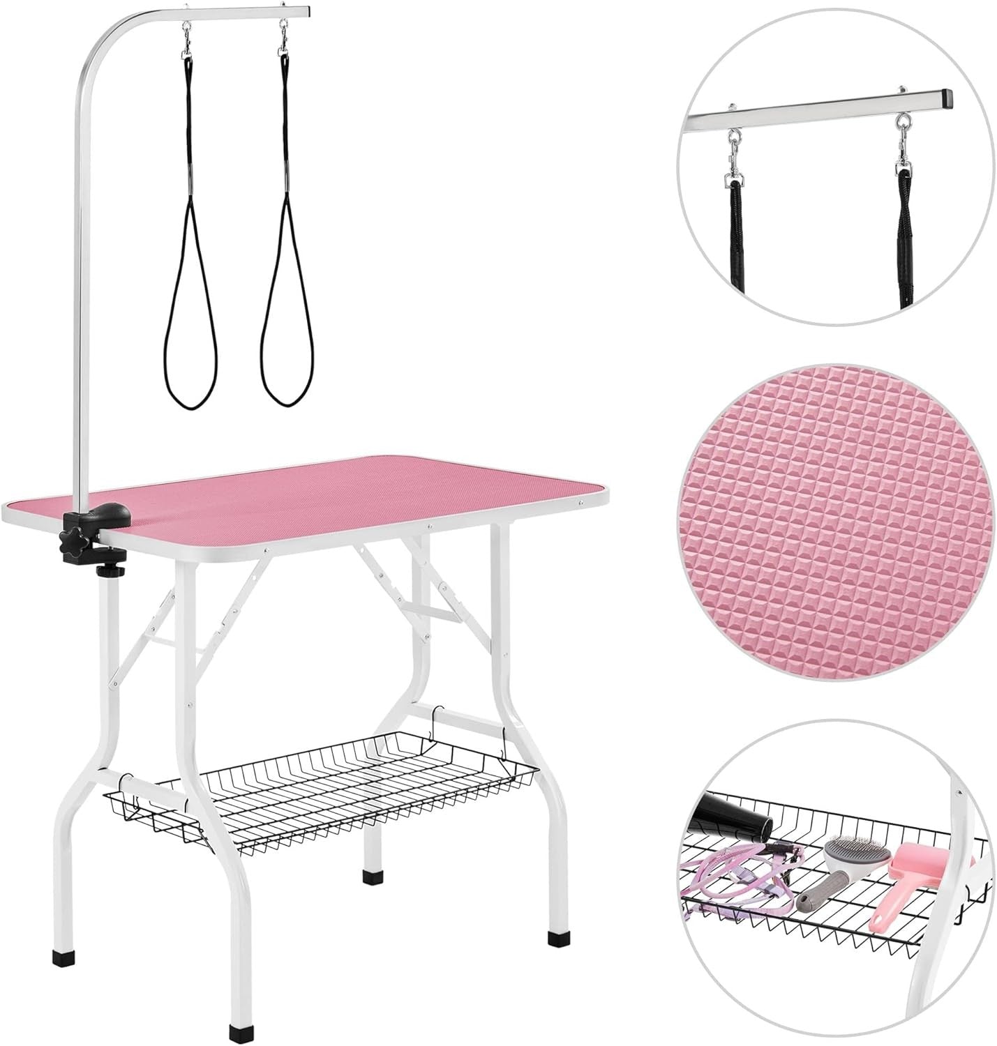 Foldable Dog Grooming Table Adjustable Arm Double Tether Basket Non Slip Pink