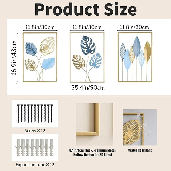 Bohemian 3D Metal Leaf Wall Art Set of 3 16x11" Gold Boho Decor