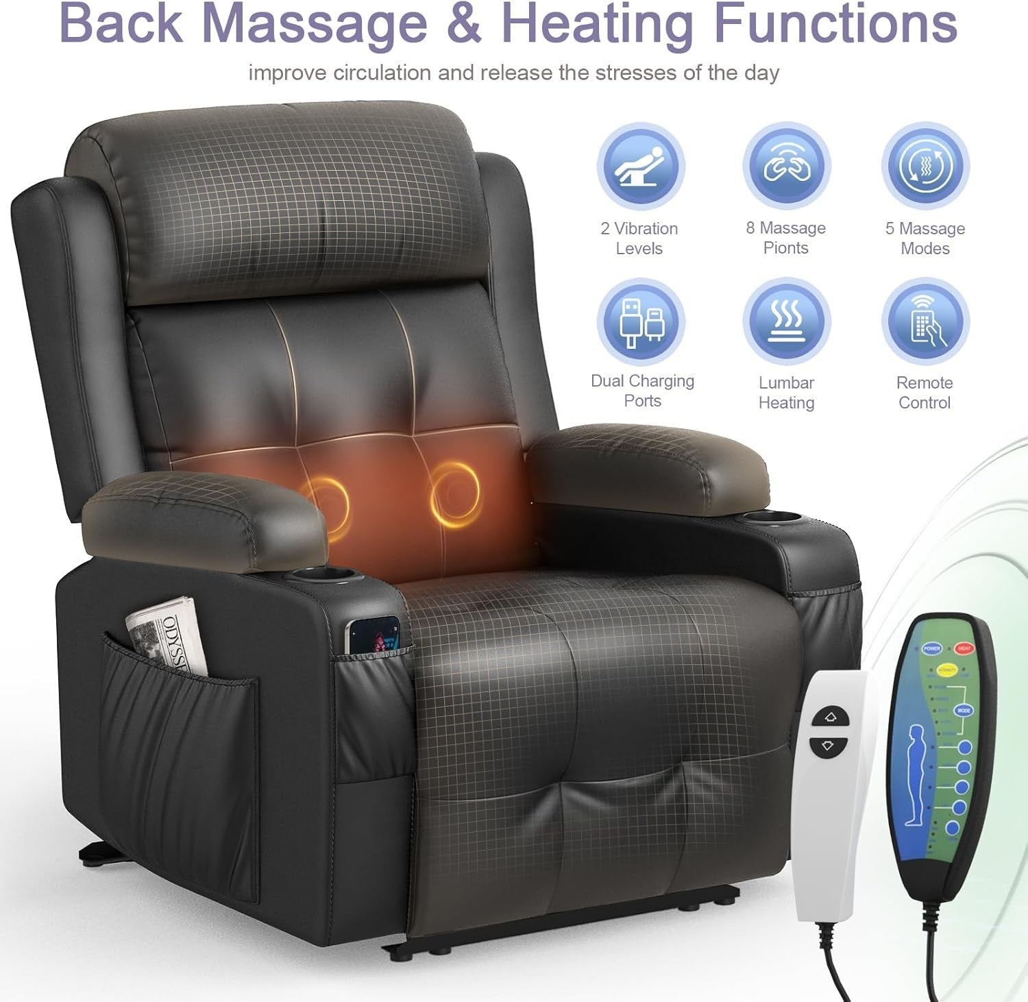 Electric Recliner Chair Massage Heat USB Type-C Cup Holders Black Armchair