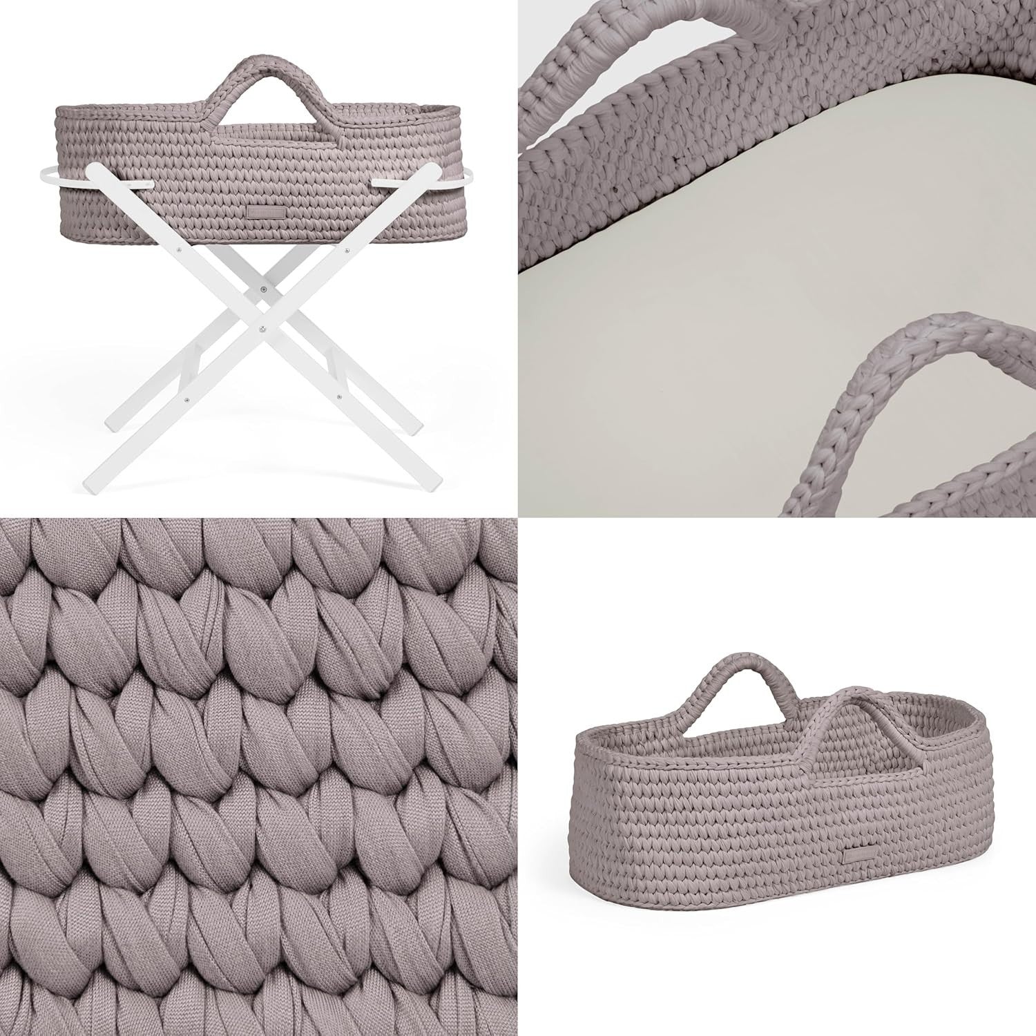Crochet Moses Basket with Foldable Stand & Mattress Lightweight Tawny White