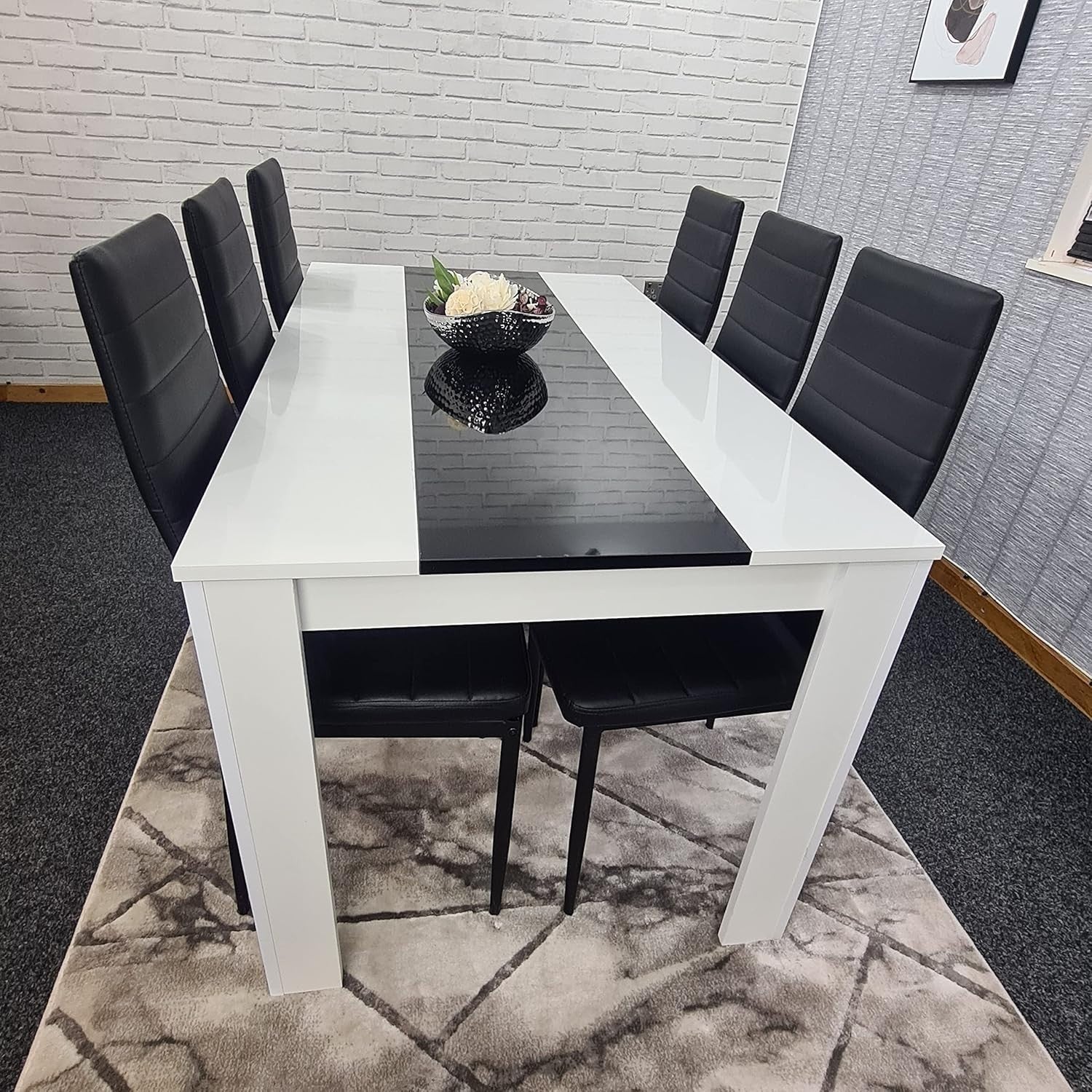 White & Black Dining Table Set with 6 Black Faux Leather Chairs - Modern, Durabl