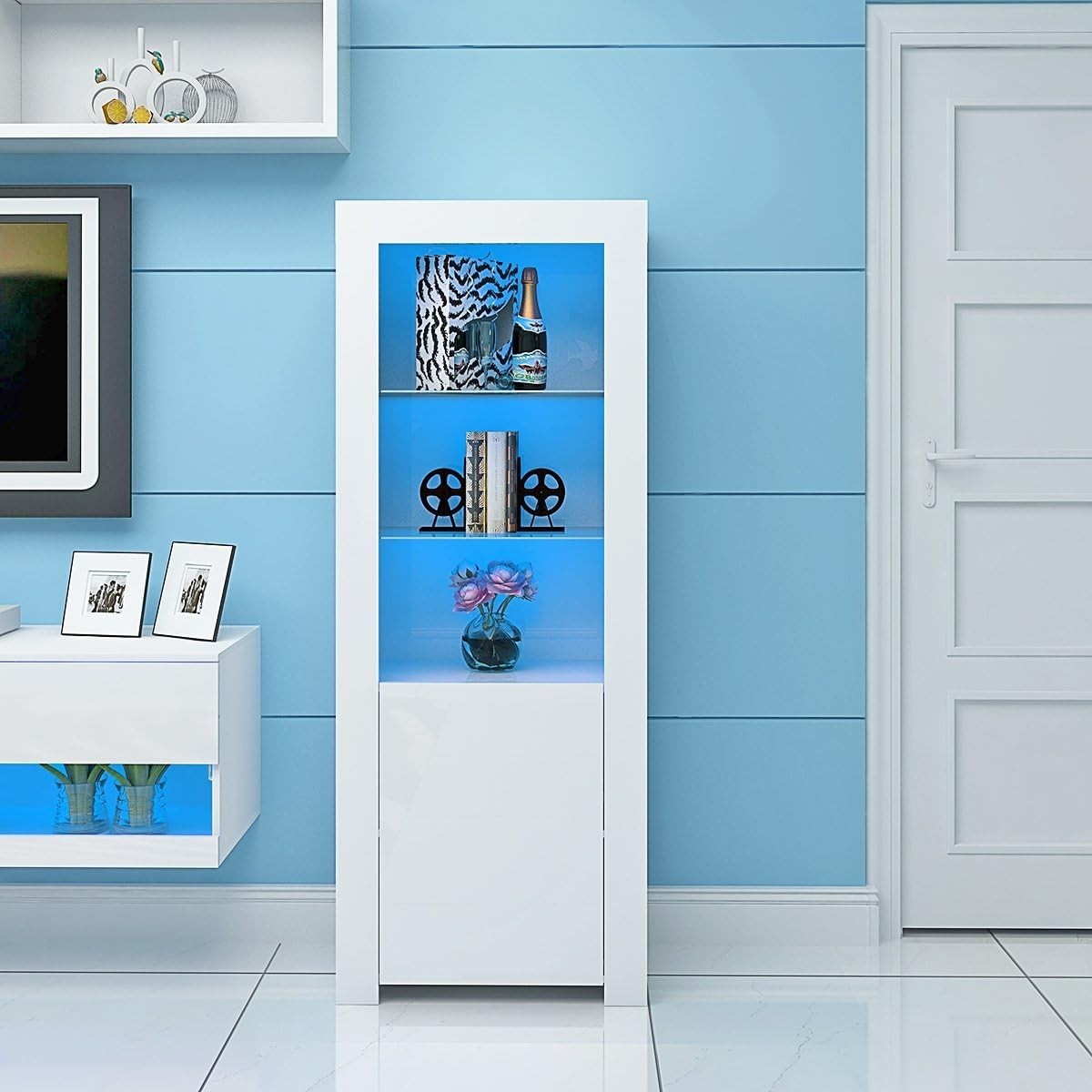 Tall White LED Display Cabinet with Glass Shelves Modern Storage Unit