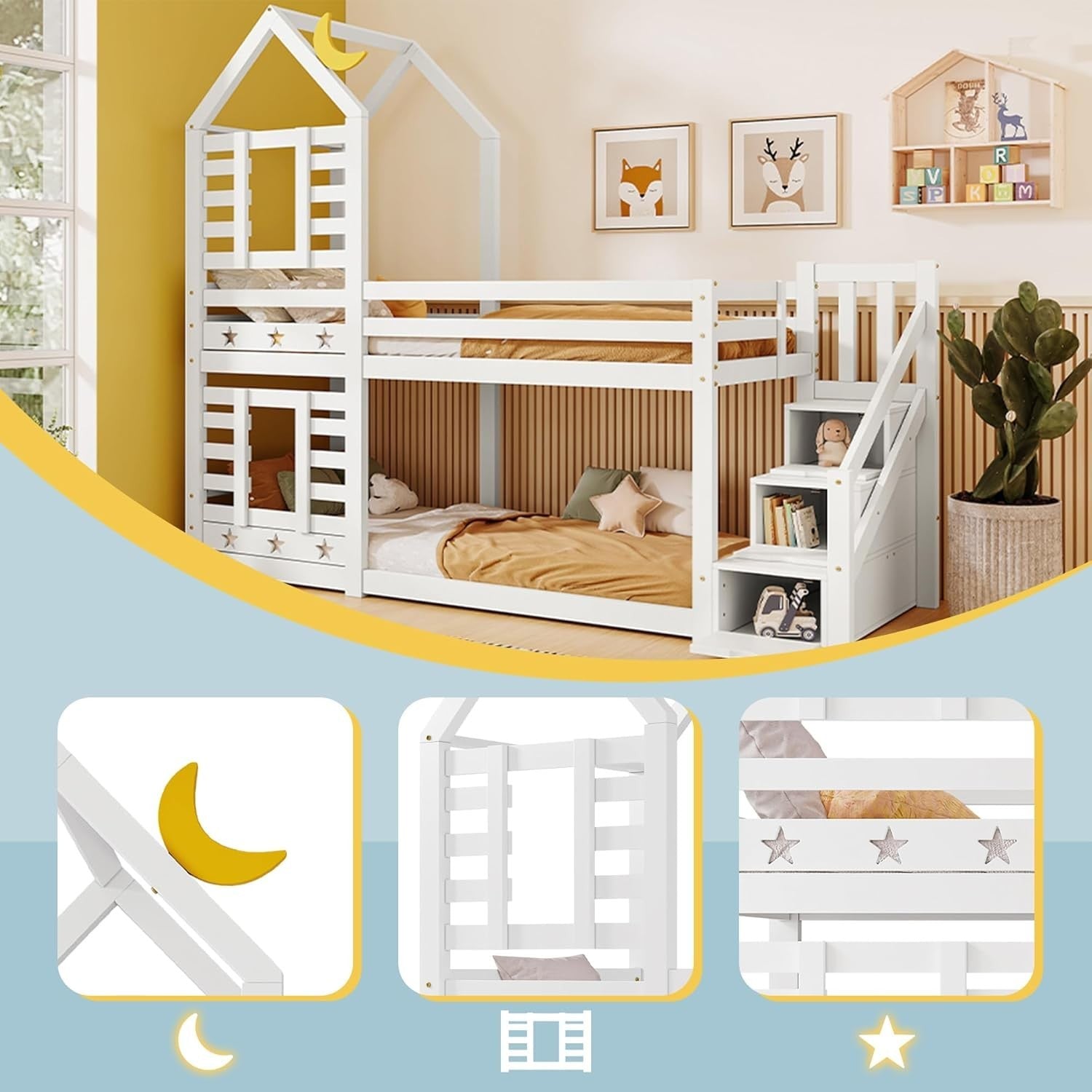 Kids Bunk Bed w/ Storage, Ladder, House Design, Twin Over Twin White