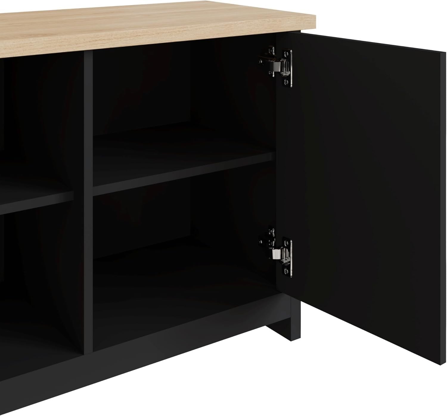 Black Shoe Storage Cabinet 4 Shelves with Oak Top Compact Sideboard
