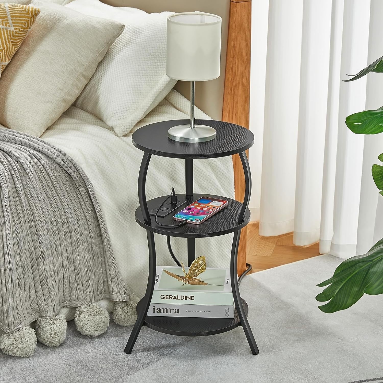 Black 3-Tier Round Side Table 30x30x55 cm | Slim End Table w/ USB & Storage