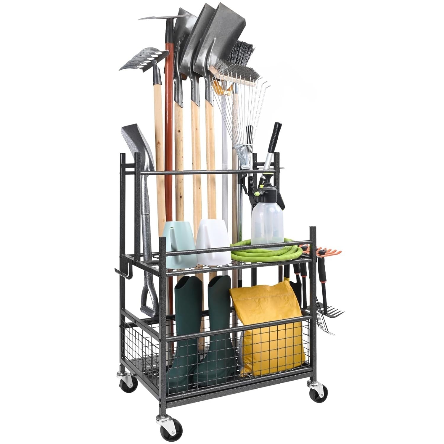 Garden Tool Organizer 65x40x97cm 16-Slot Rack with Wheels Garage Storage
