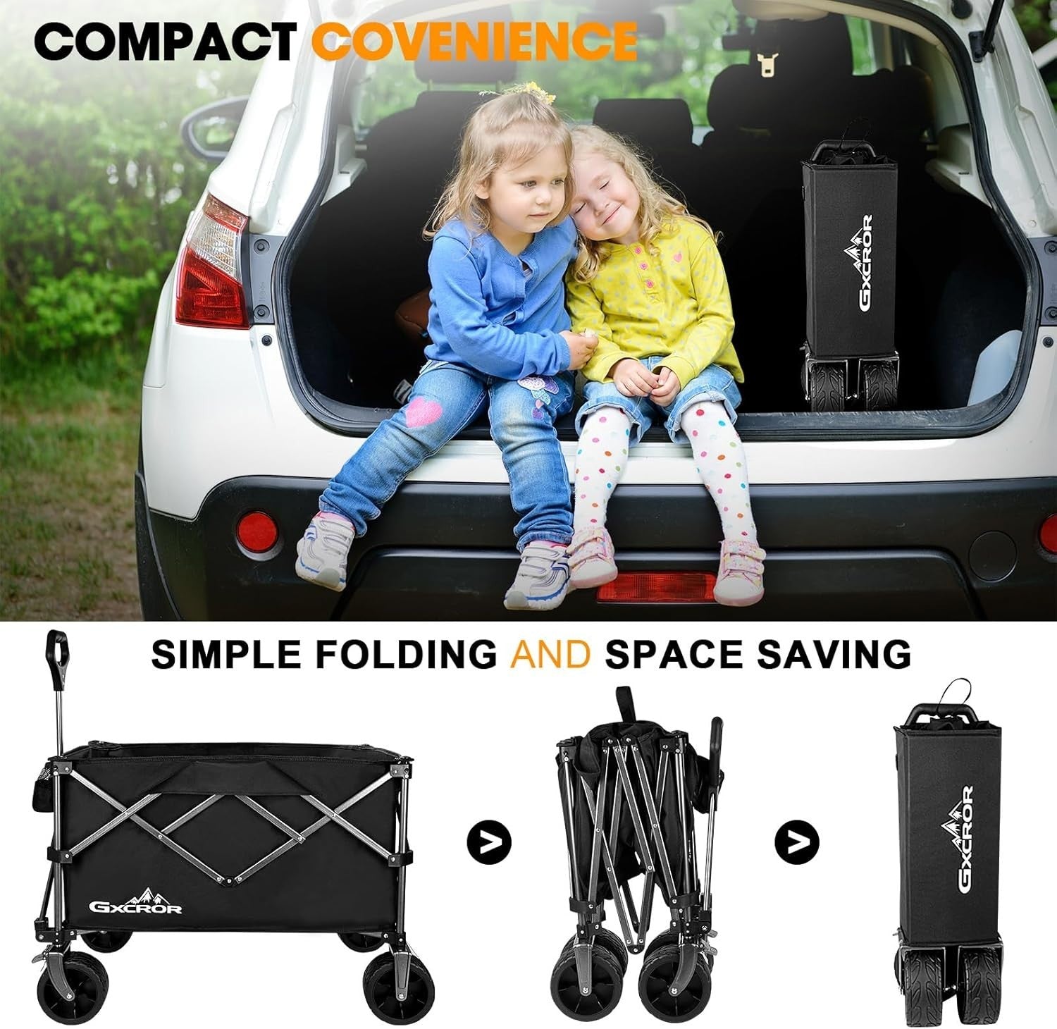 Black 200L Heavy Duty Folding Wagon 150kg Collapsible Trolley Cart w/ Big Wheels