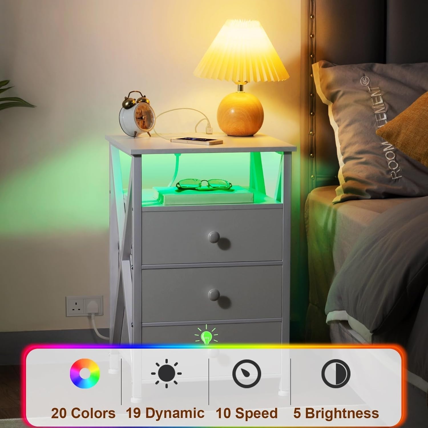 White LED Bedside Table with Charging Station | 3 Drawer Nightstand