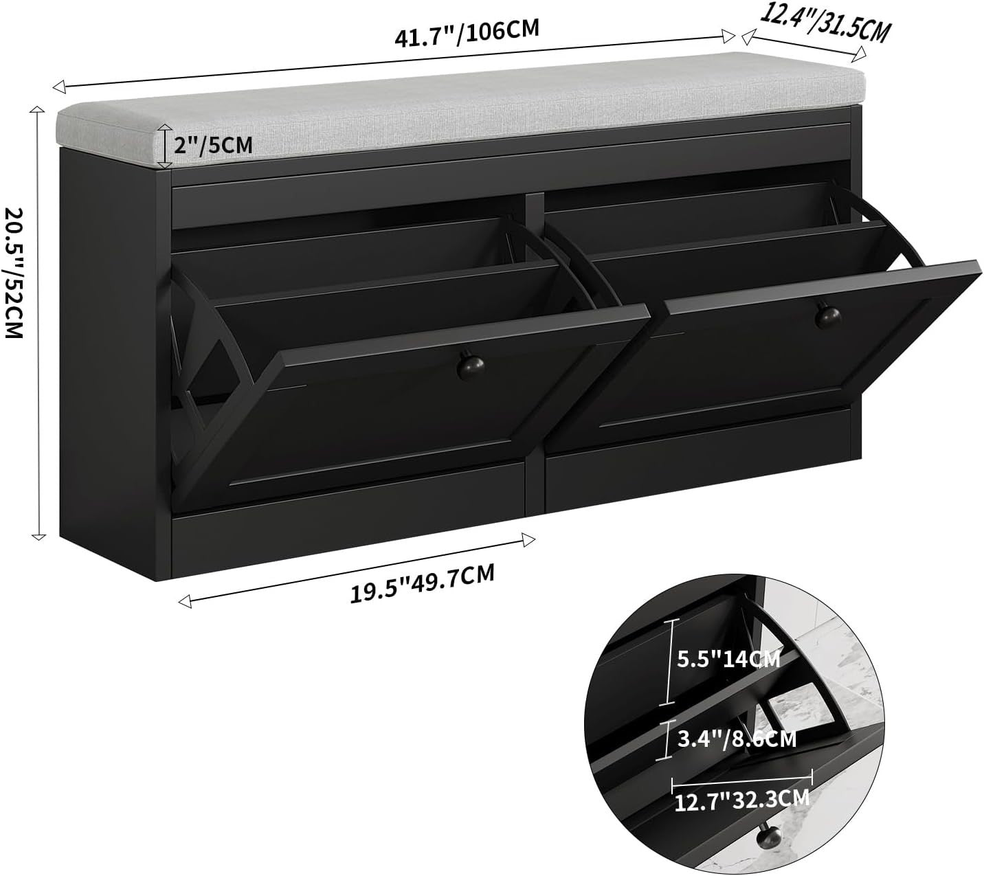 Black Flip Drawer Shoe Storage Bench with Padded Seat & Adjustable Shelves