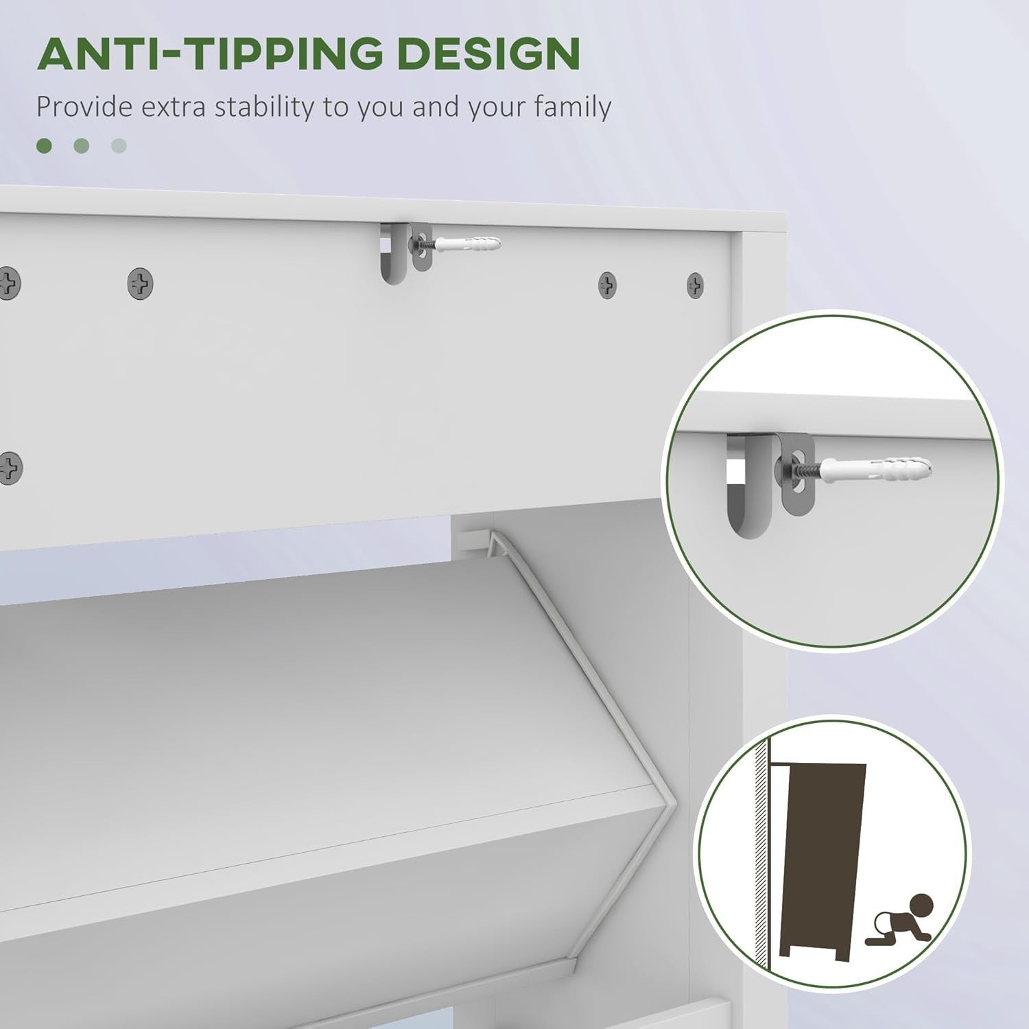 Slim White Shoe Cabinet with 2 Flip Drawers & Top Storage Drawer 60x24x97cm