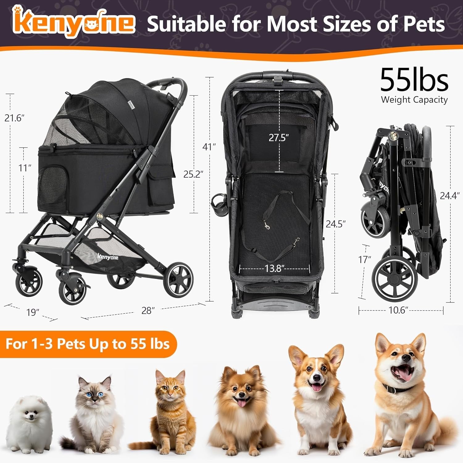 Medium Dog Stroller up to 55lbs No Zip Entry One Click Fold Travel Pram