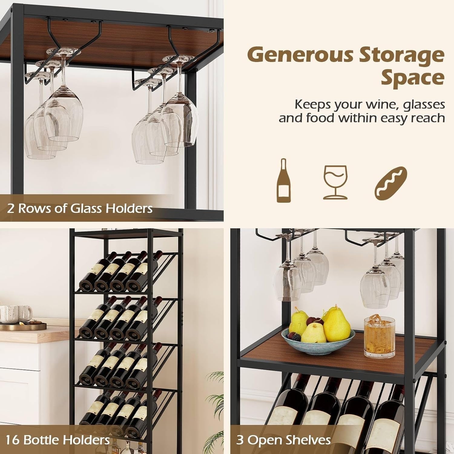 7-Tier Freestanding Wine Rack with Glass Holder, 16 Bottle Storage Shelf Unit