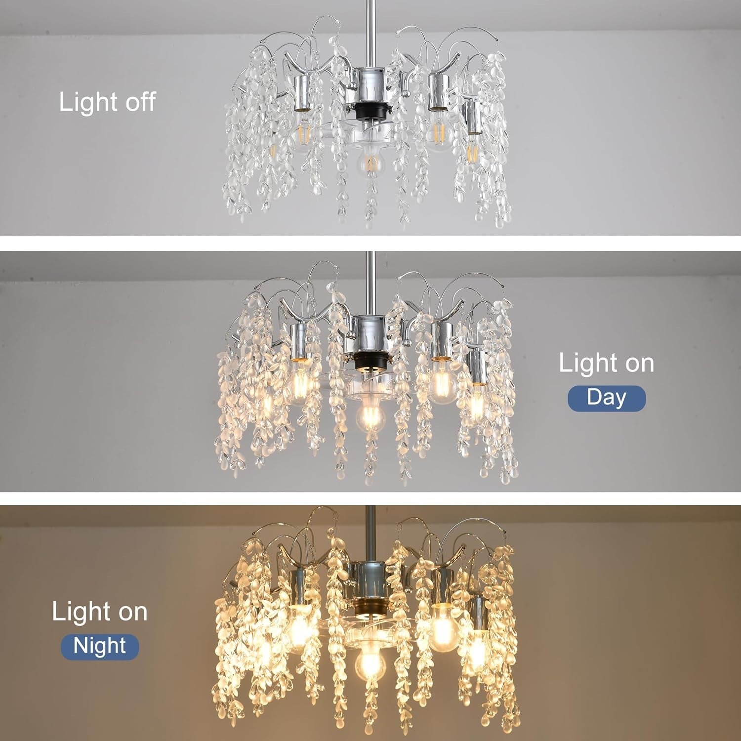 Crystal Ceiling Fan Light 50CM, 6-Speed, APP, Remote, Silver Leaf