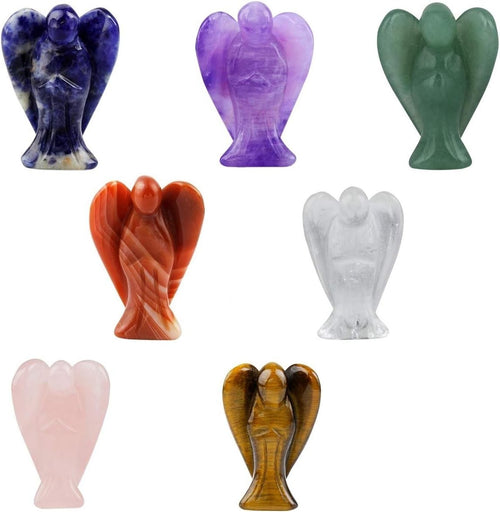 7-Chakra Crystal Guardian Angel Set 1.5" Carved Gemstone Figurines Healing Decor