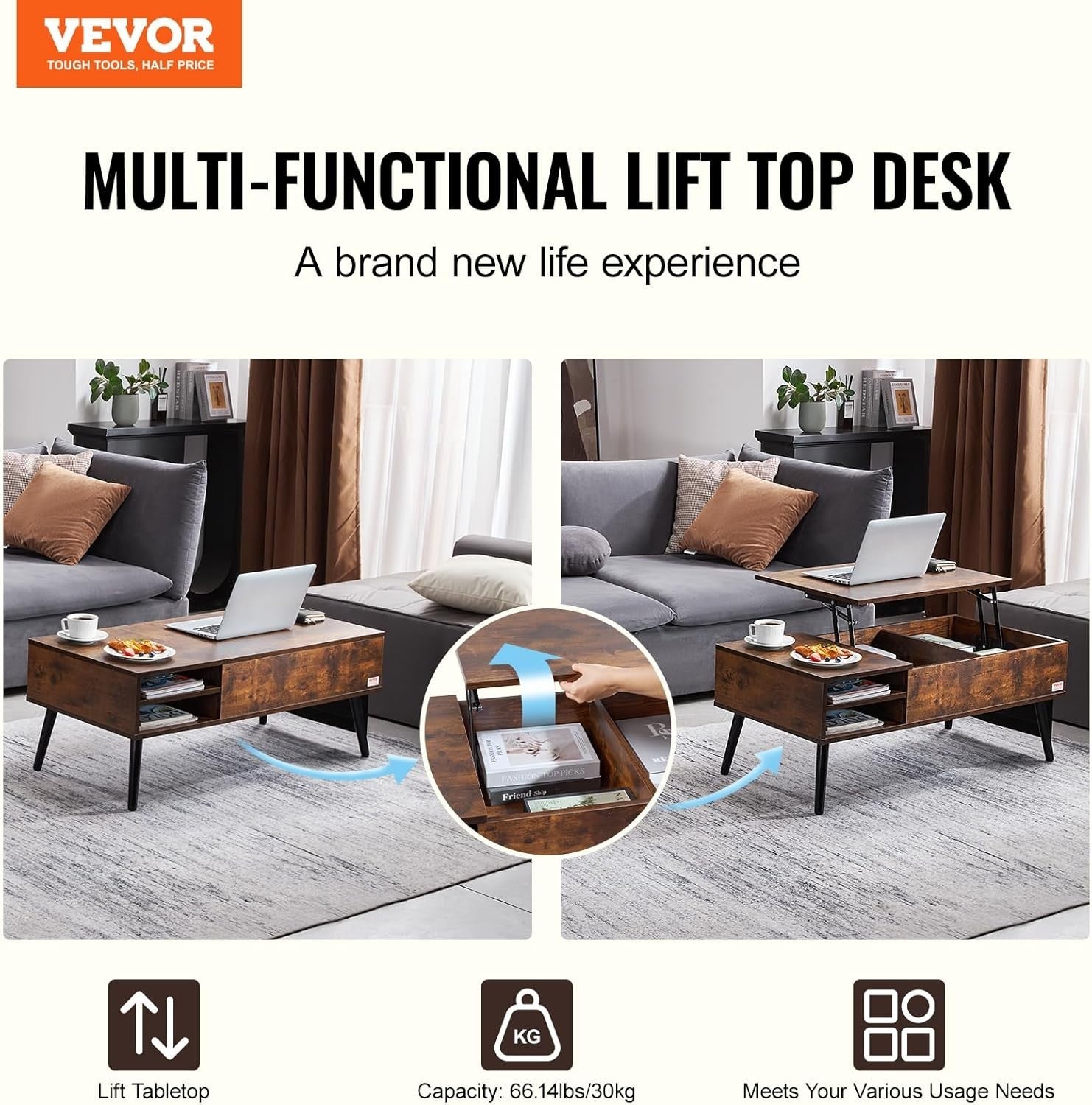 Lift Top Coffee Table with Storage, Pop Up Table 100cm for Small Spaces
