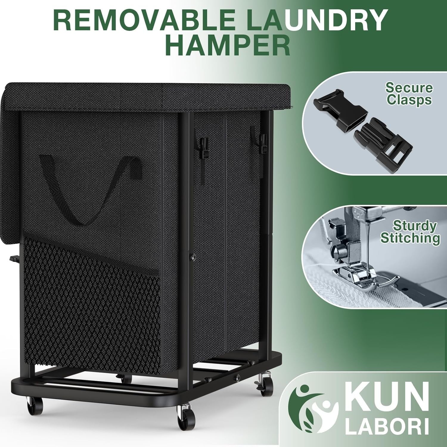 190L Large Rolling Laundry Hamper Black 2 Section Heavy Duty Basket on Wheels