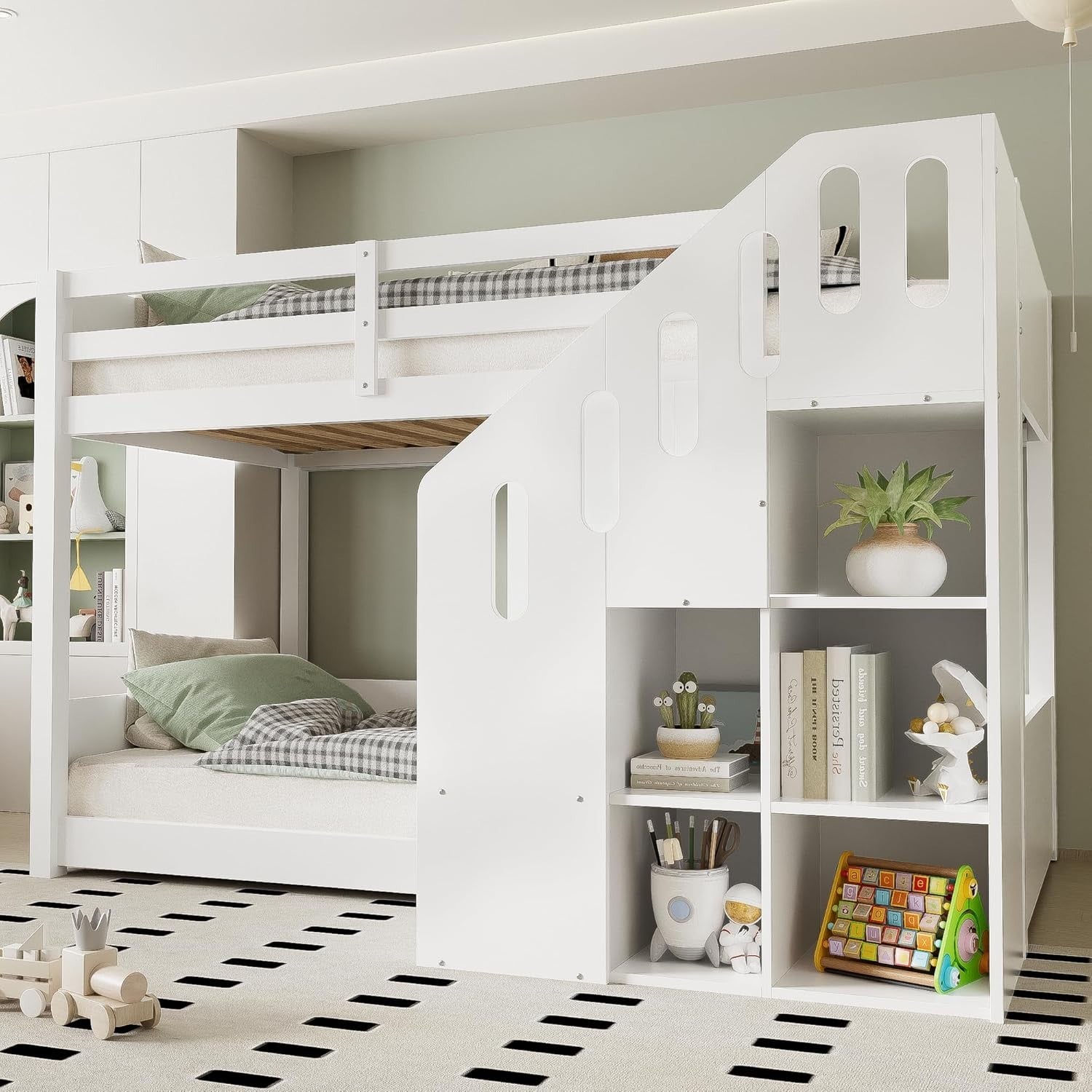 Space-Saving 3FT Kids Bunk Bed with Storage Stairs, Cabinets & Safety Railings