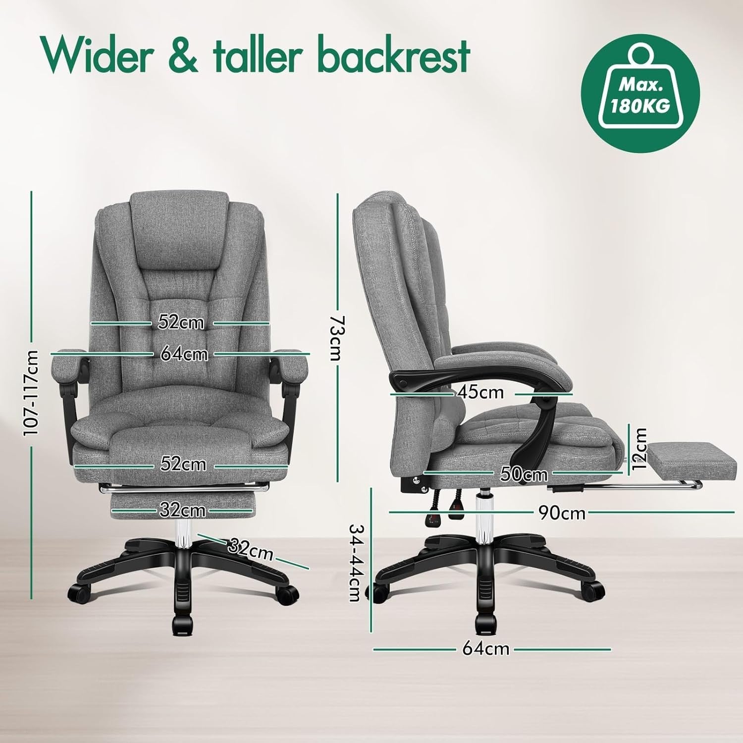 Office Gaming Chair Heated Massage Linen Fabric Reclining Swivel Desk Seat Grey