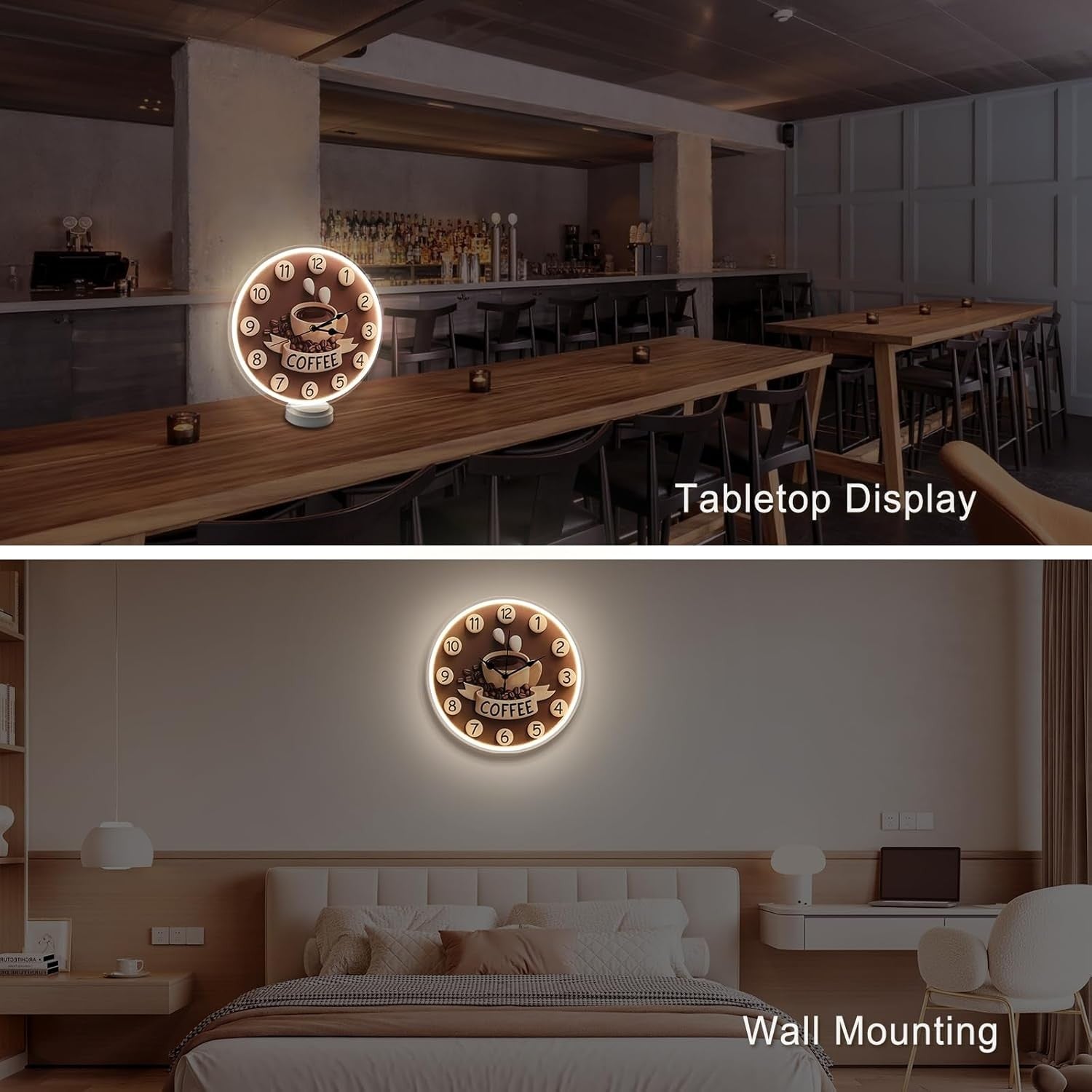 Coffee Neon Wall Clock LED Dimmable Silent Kitchen Cafe Home Decor