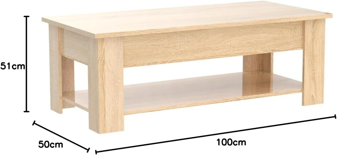 Oak Coffee Table with Lift-Up Storage & Magazine Shelf 100x50cm