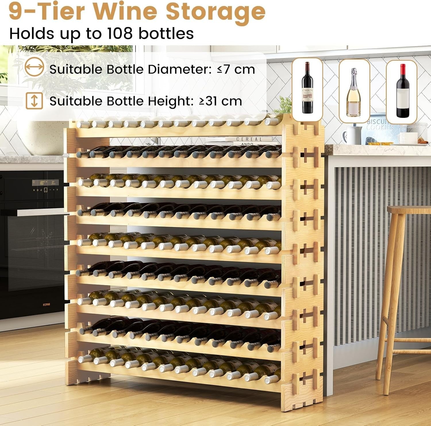 108 Bottle Wine Rack Large 6 Tier Natural Wood Stackable Storage Cellar Bar