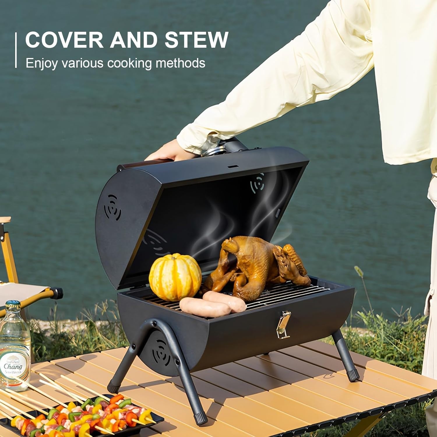 Portable Charcoal BBQ Grill with Thermometer Barrel Smoker Camping Outdoor