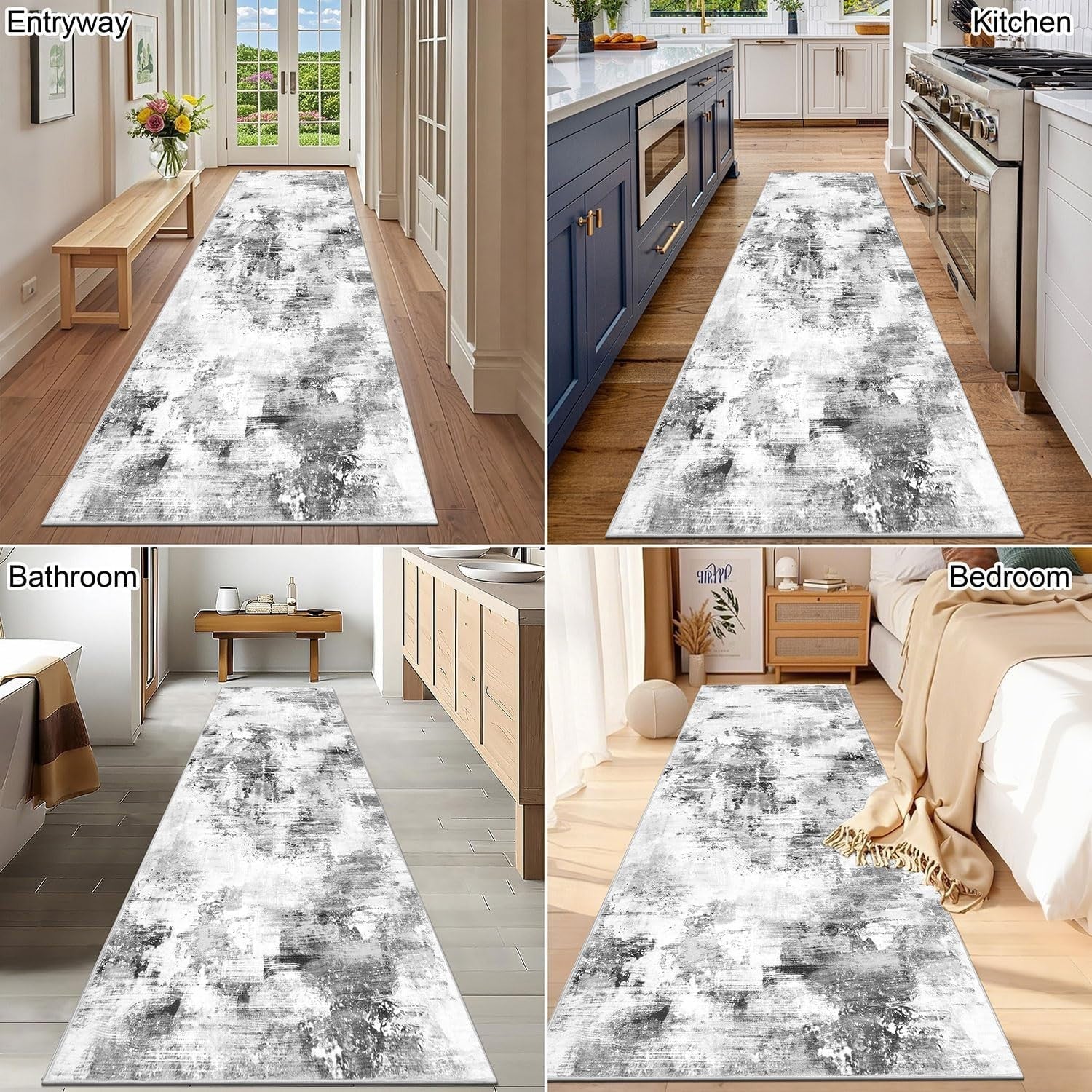 Grey Hallway Runner Rug 80x200cm Non Slip Washable Low Pile Hall Carpet