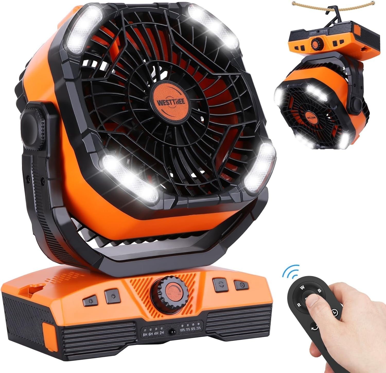 Camping Fan 20000mAh Rechargeable – Portable LED Light Desk Fan w/ Remote Orange