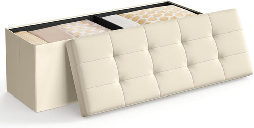 Cream White Storage Ottoman Bench 110cm Folding Seat Footstool End-of-Bed