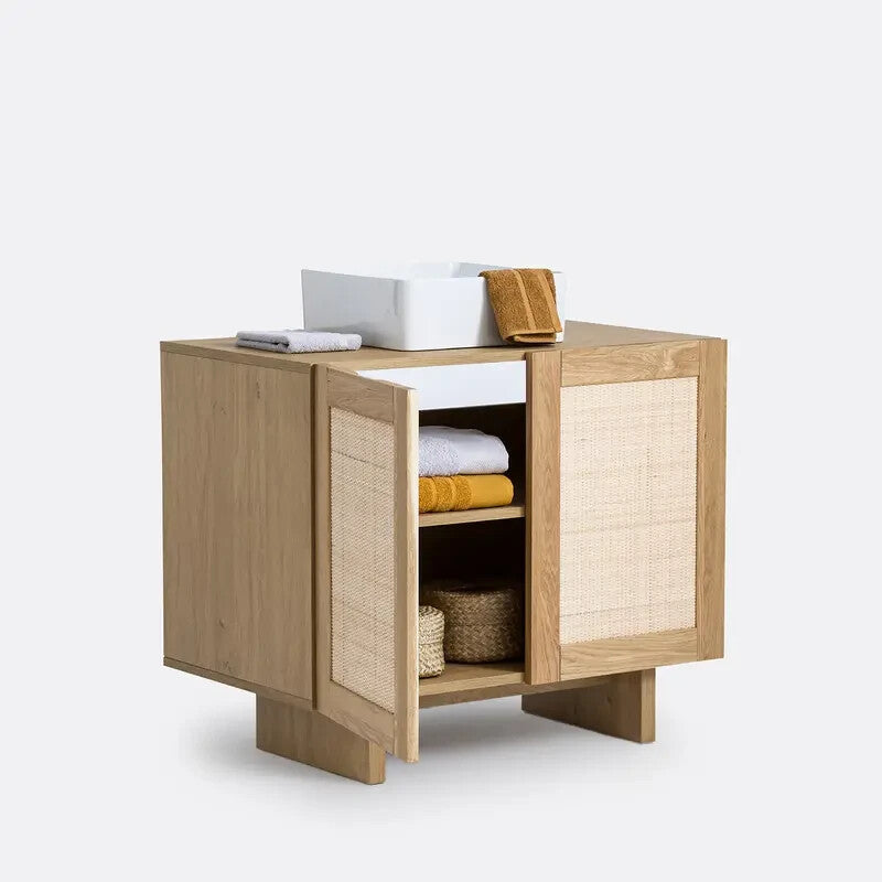 Oak Rattan Bathroom Vanity Unit 90 cm Cabinet | Soft-Close 2-Door Storage