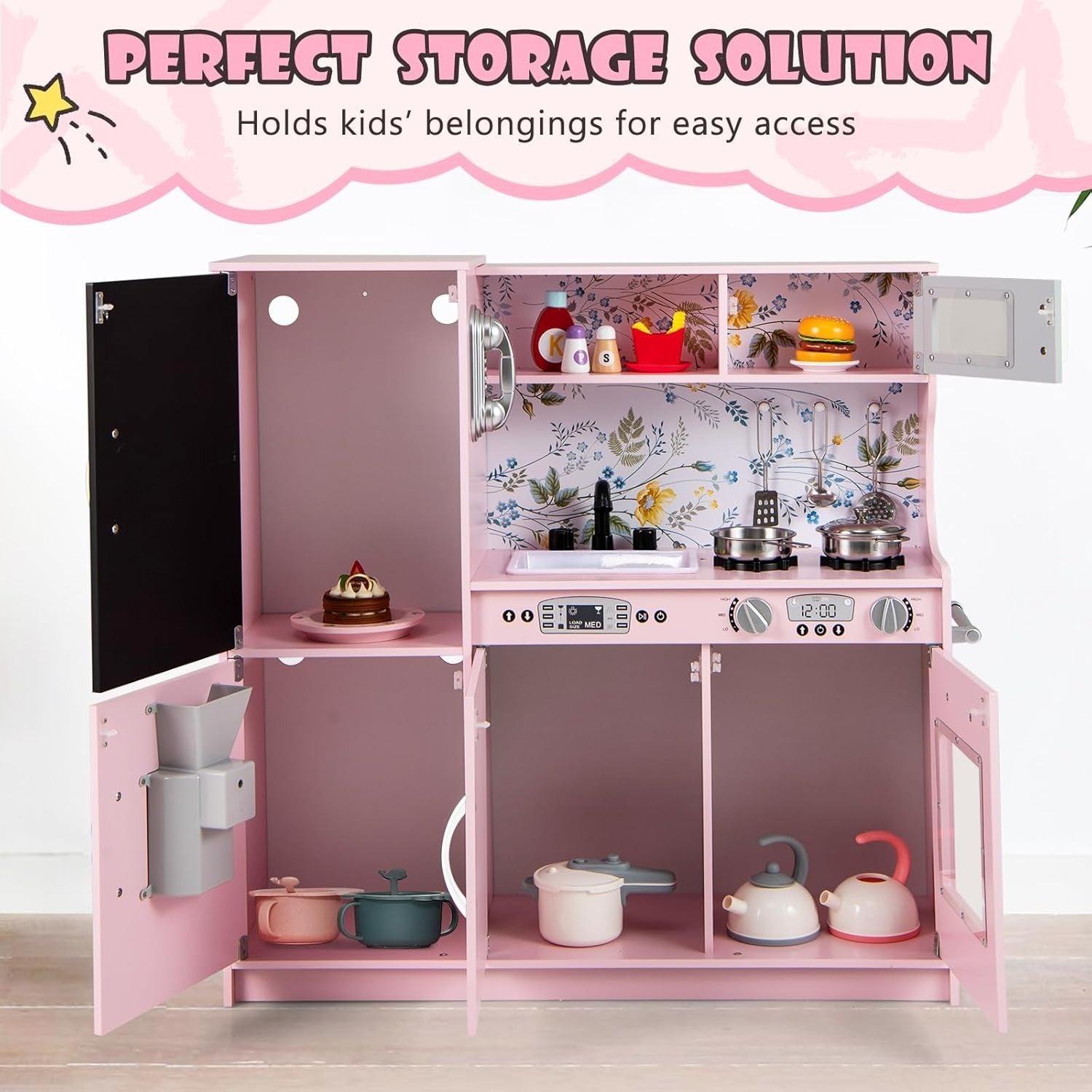 Kids Wooden Play Kitchen Blackboard Microwave Ice Maker Pink Toy