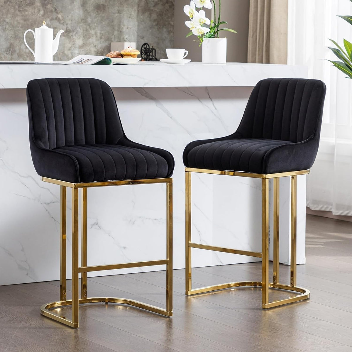 Bar Stools Set of 2 | Black Fabric L-Shaped Counter Dining Chairs