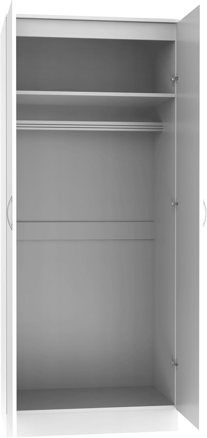 White High Gloss 2 Door Slim Wardrobe with Hanging Rail & Shelf 180cm