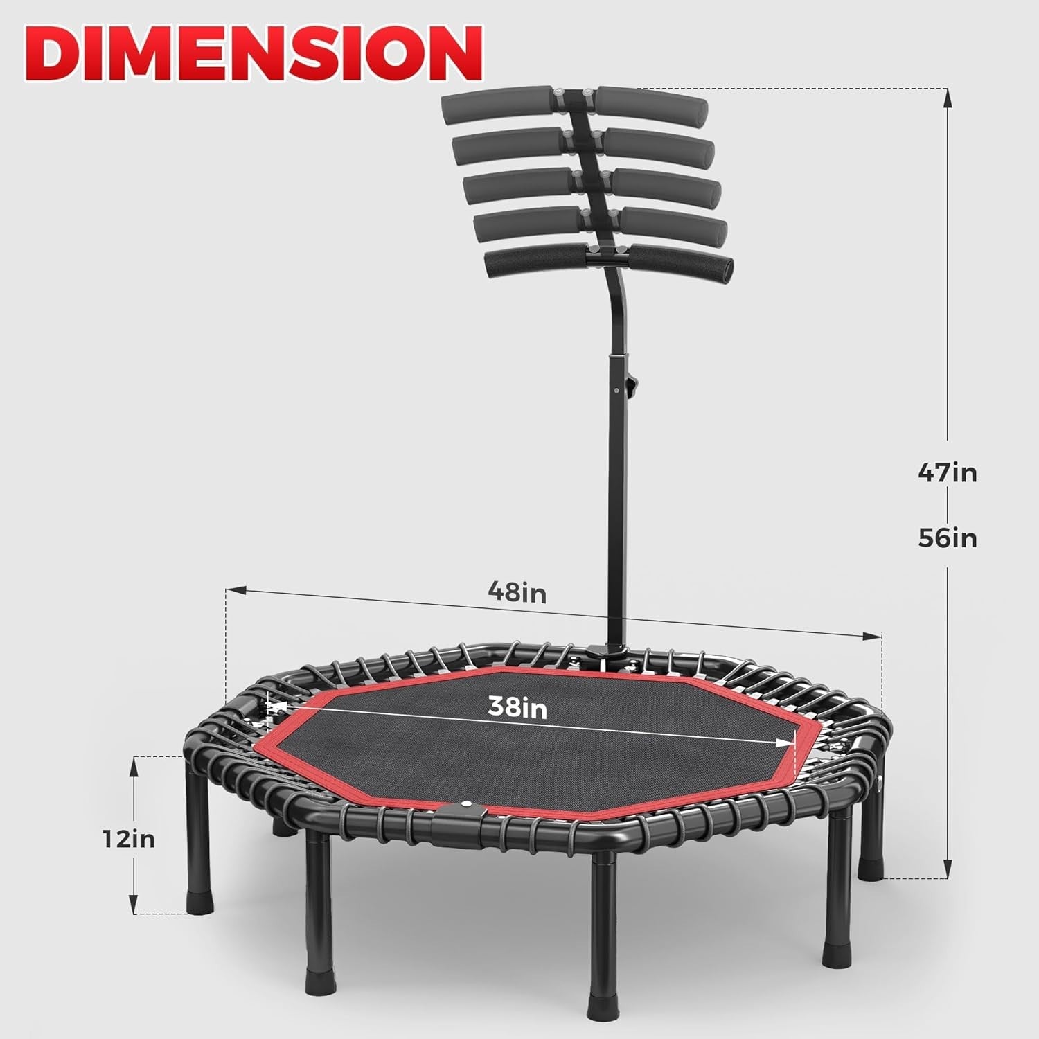 48in Octagonal Fitness Rebounder Trampoline Silent Bungee 550lb Indoor