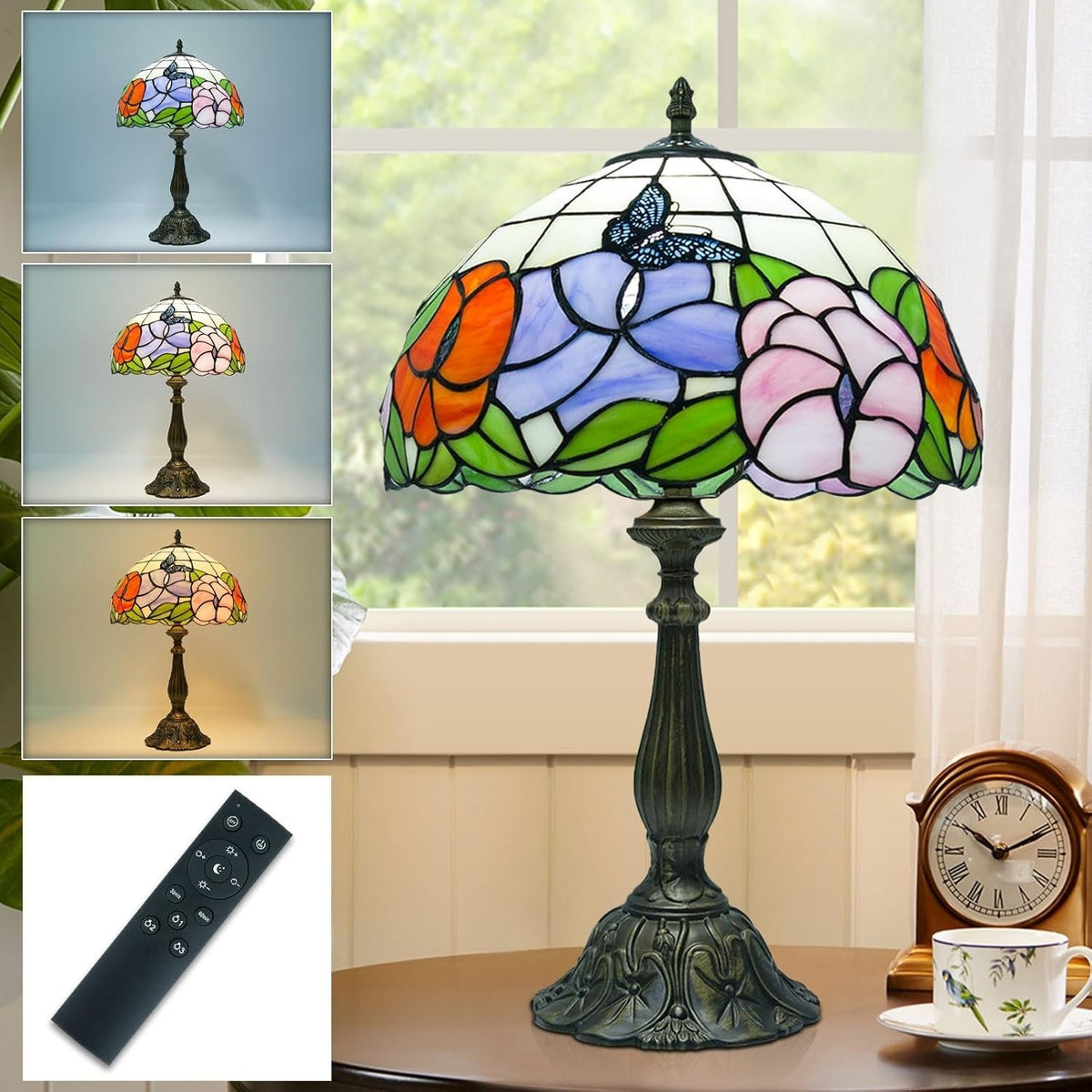 12 Inch Stained Glass Tiffany Table Lamp with Remote Control E27 Bulb