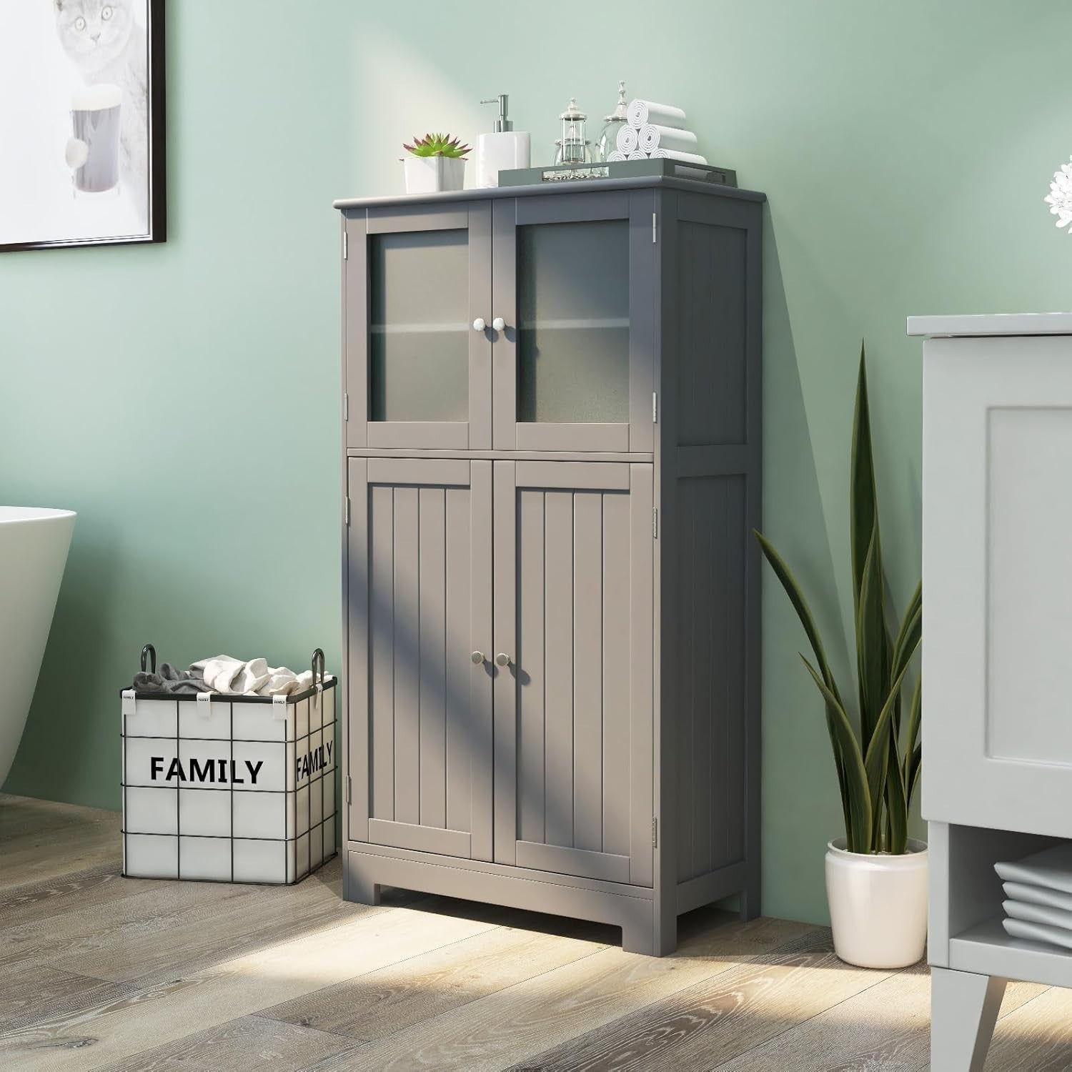 Freestanding Bathroom Floor Cabinet with Tempered Glass & Adjustable Shelves