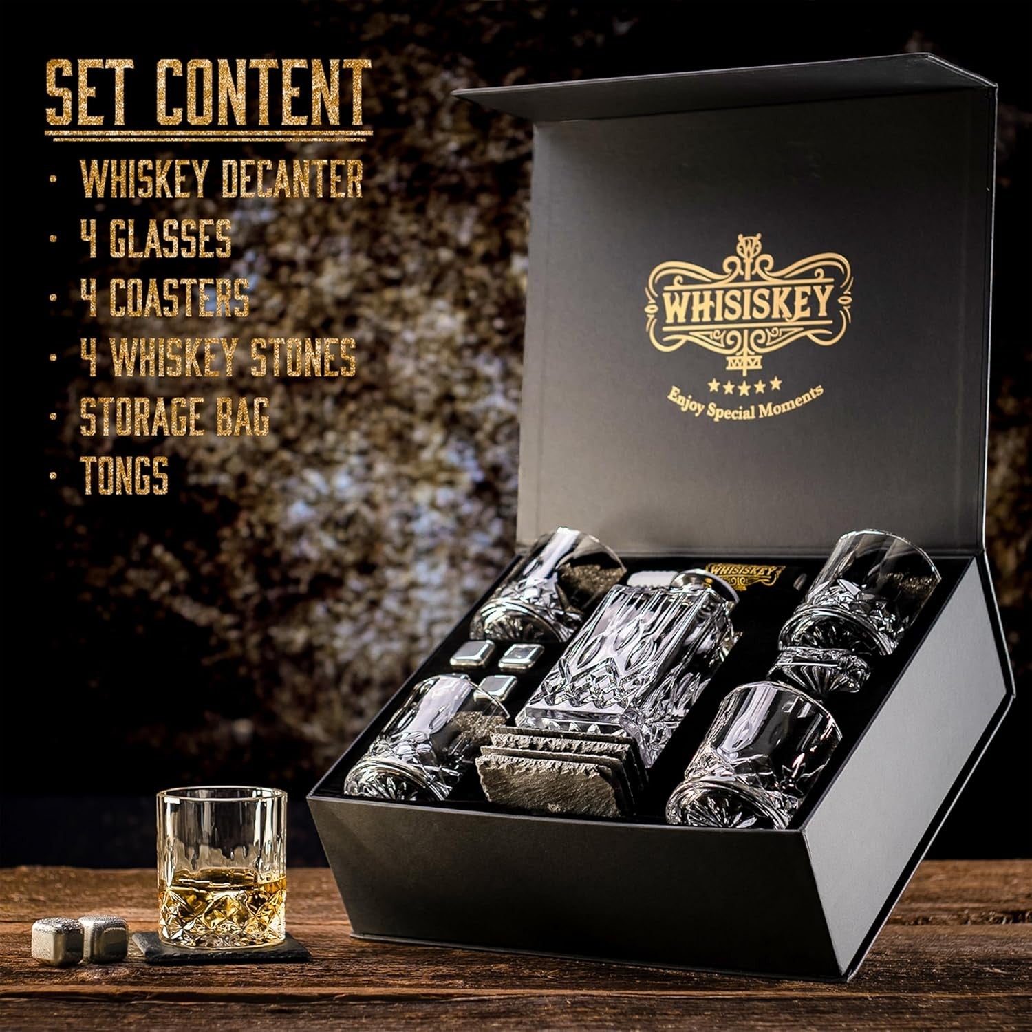 700ml Whiskey Decanter Set with 4 Glasses & Stones Luxury Gift Men Home Bar