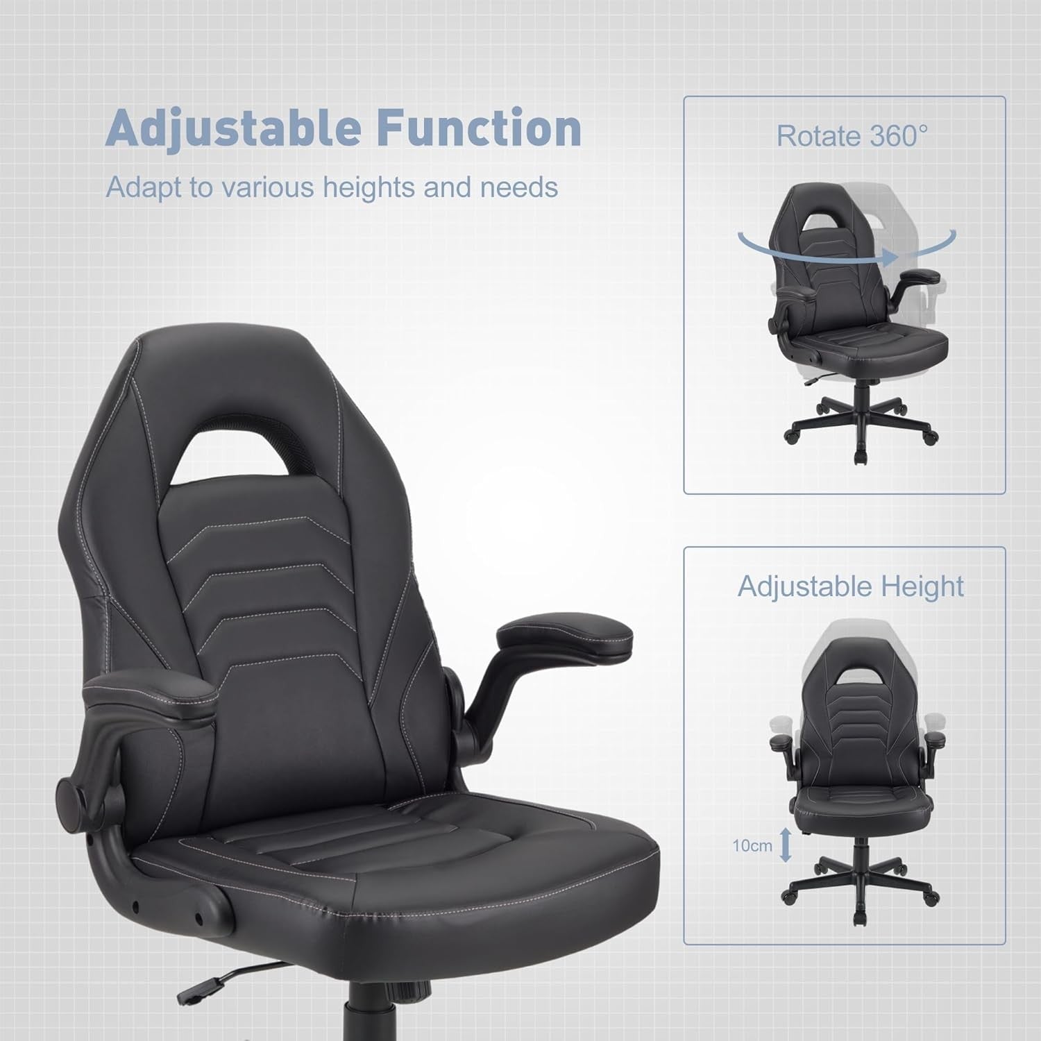Ergonomic Gaming Chair Flip-Up Arms Faux Leather Black