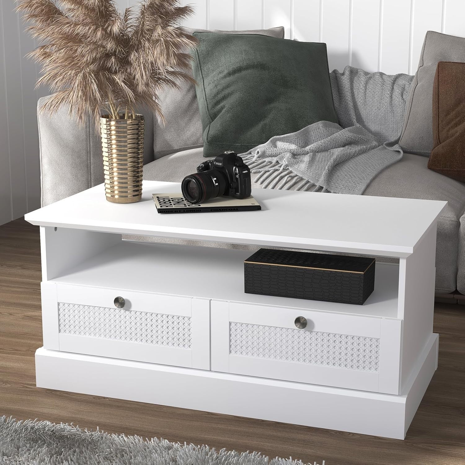 White Rattan Coffee Table with Drawers & Shelf 94x50x44cm Storage Unit