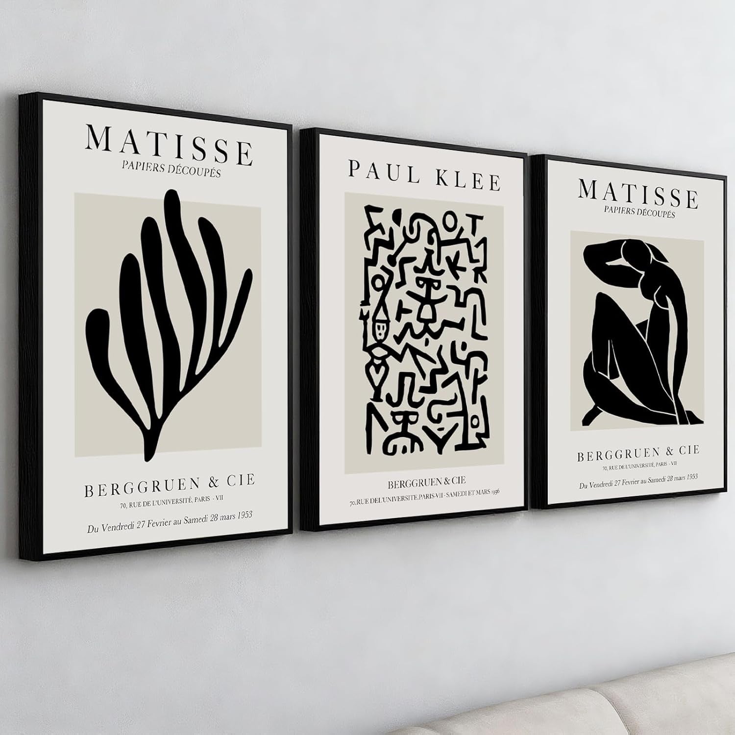 Large Neutral Abstract Wall Art Set of 3 Black Beige Framed Prints 16x24