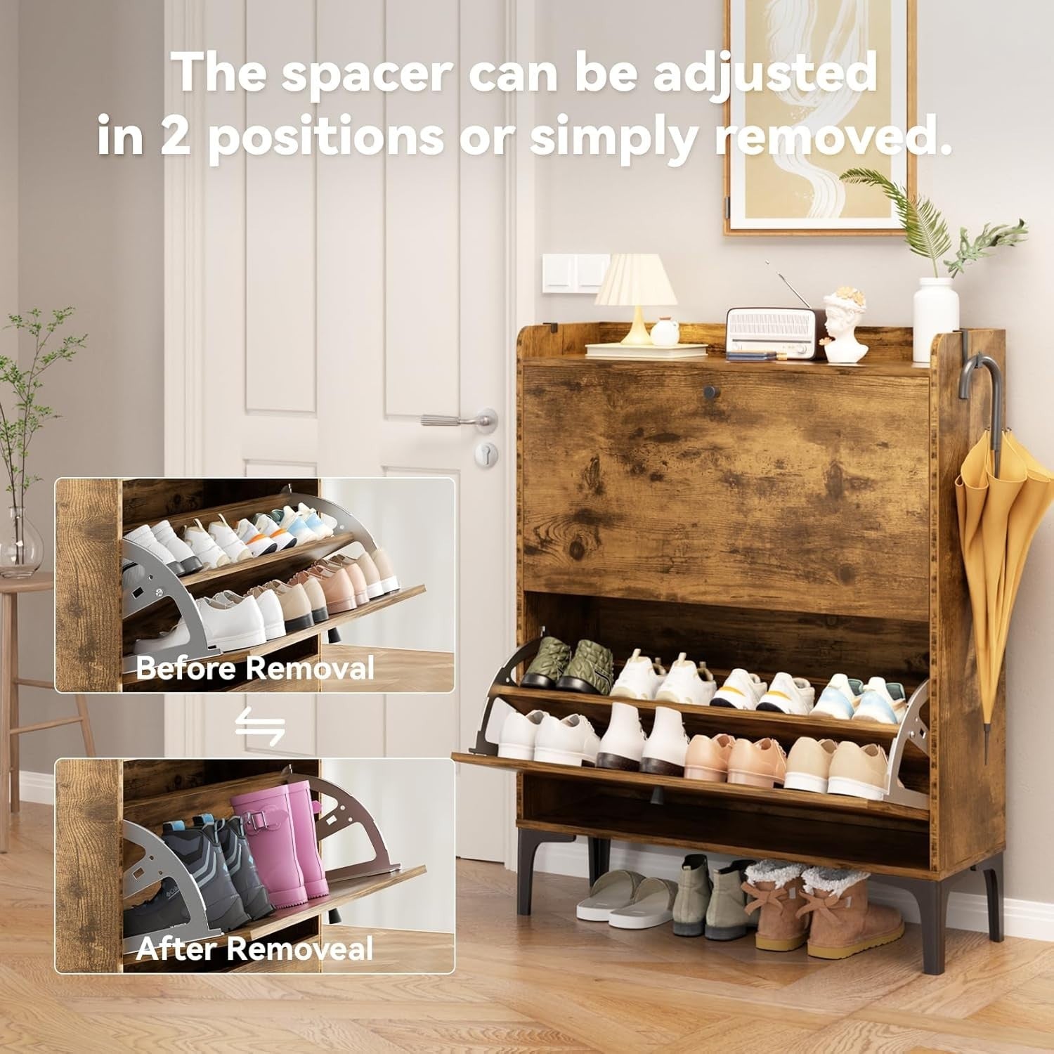 Rustic Brown 2 Drawer Shoe Cabinet with Adjustable Dividers & Flip Storage.