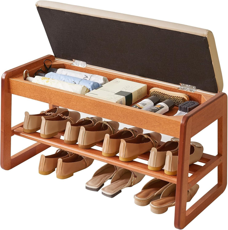 2-Tier Flip-Top Shoe Storage Bench with Cushion – Cherry Wood 31.5in