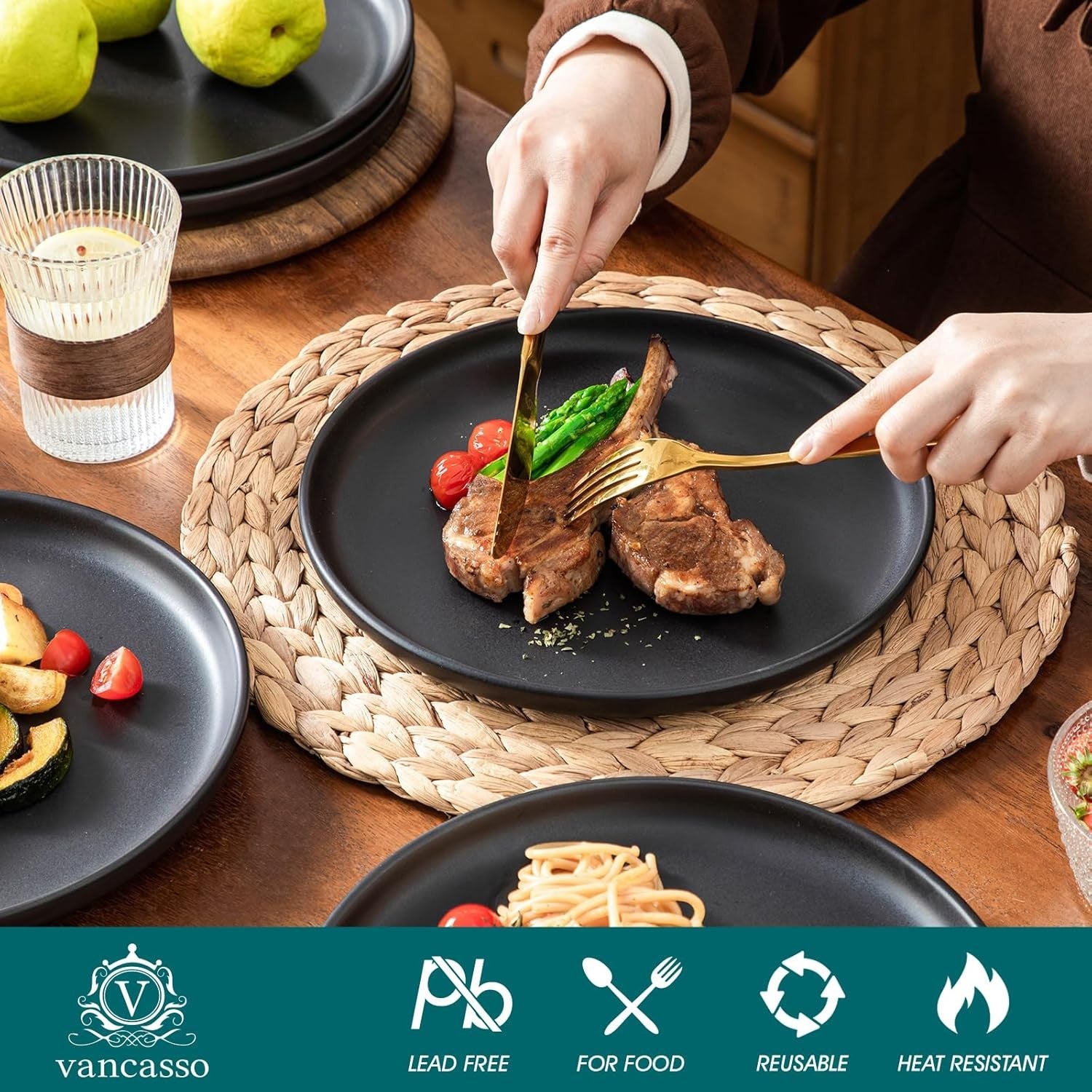 10.25in Ceramic Dinner Plates Set of 6 Black Scratch Resistant Modern